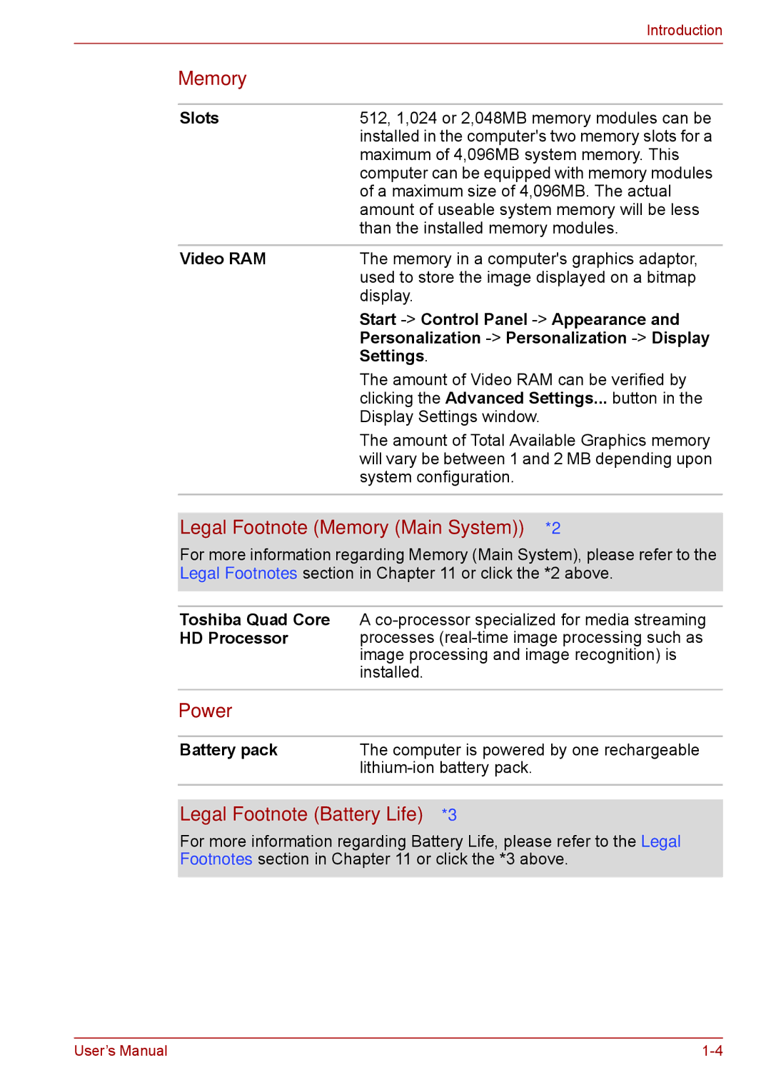 Toshiba F50 user manual Legal Footnote Memory Main System*2, Power, Legal Footnote Battery Life*3 