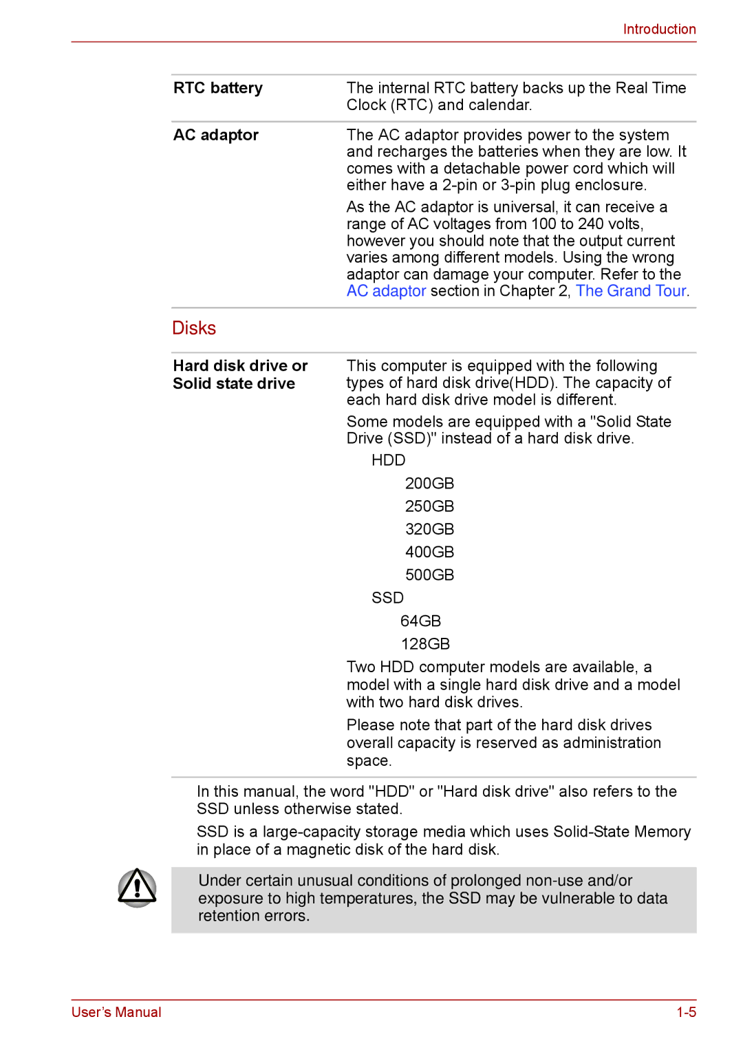 Toshiba F50 user manual Disks, RTC battery, AC adaptor 