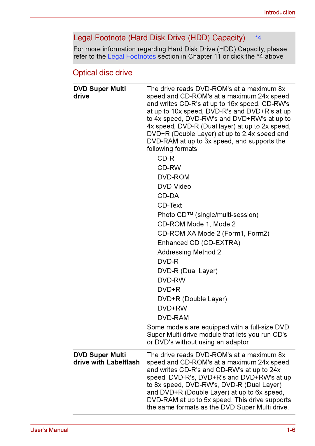 Toshiba F50 user manual Legal Footnote Hard Disk Drive HDD Capacity*4, Optical disc drive 