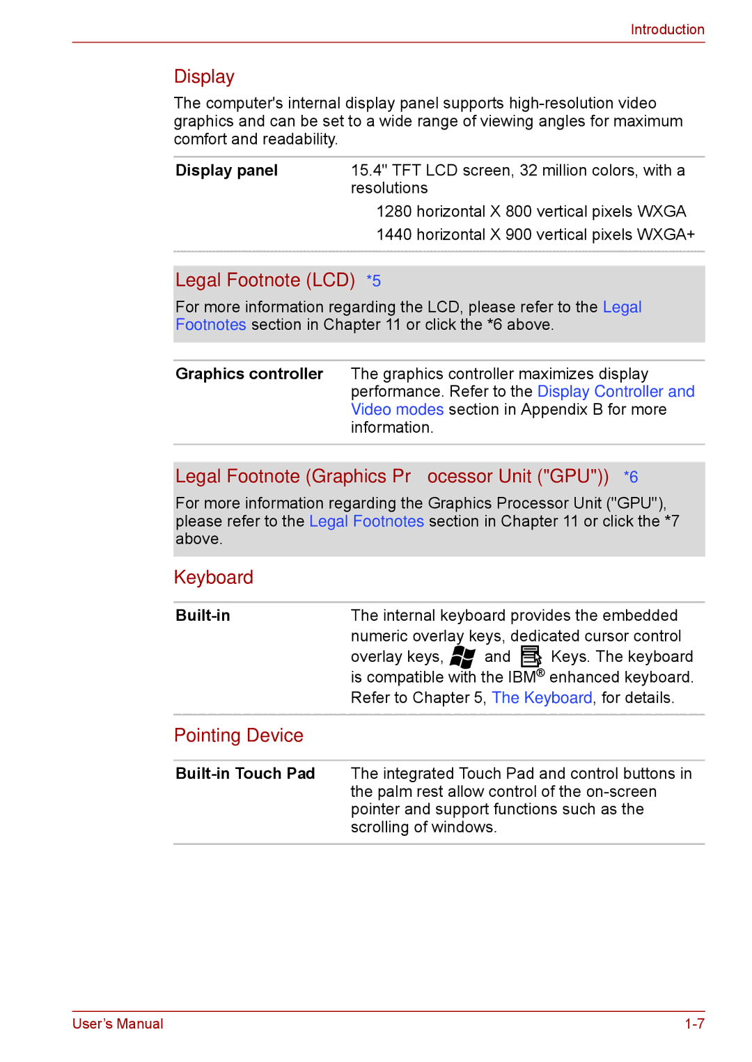 Toshiba F50 Display, Legal Footnote LCD*5, Legal Footnote Graphics Processor Unit GPU*6, Keyboard, Pointing Device 