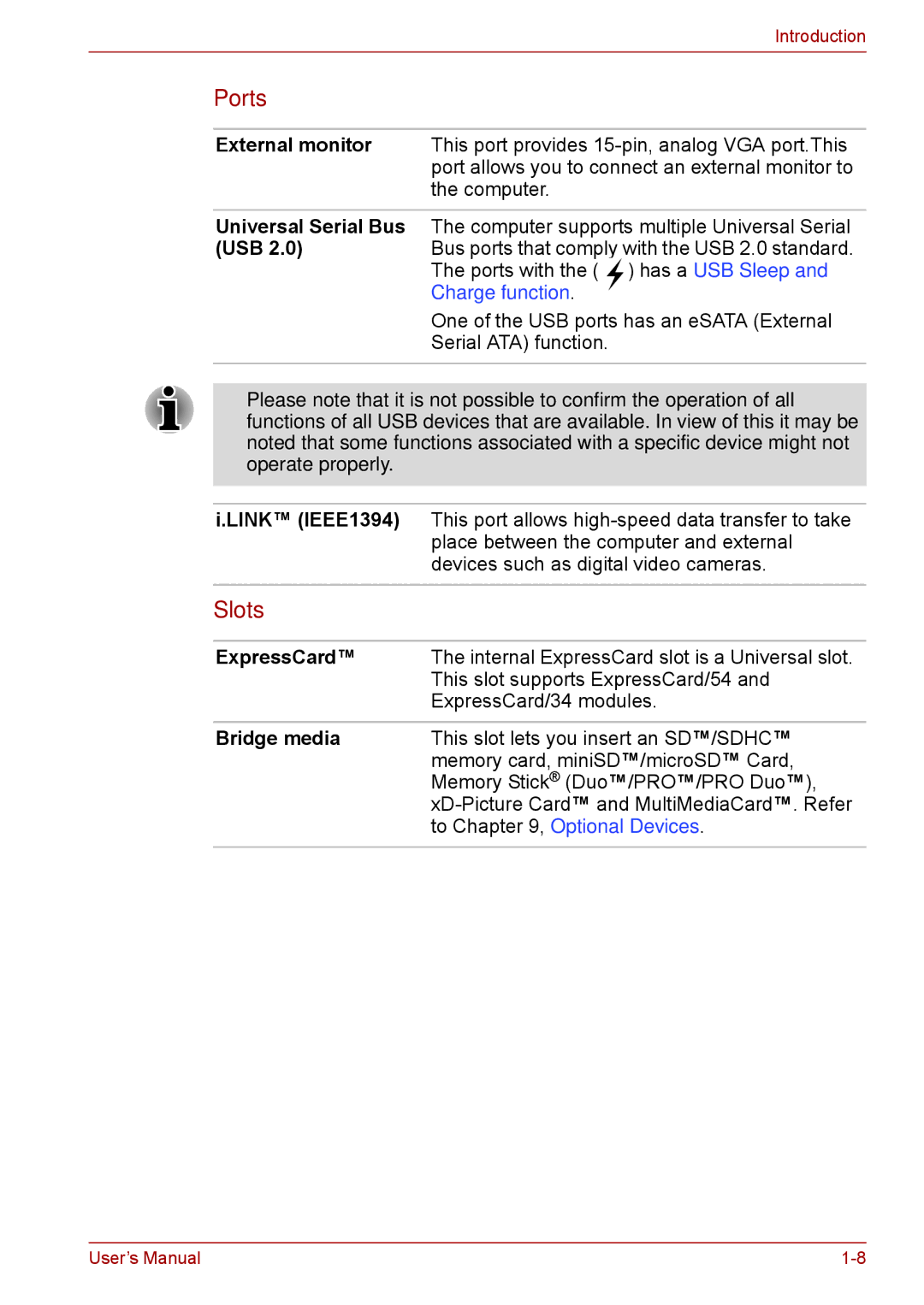 Toshiba F50 user manual Ports, Slots 