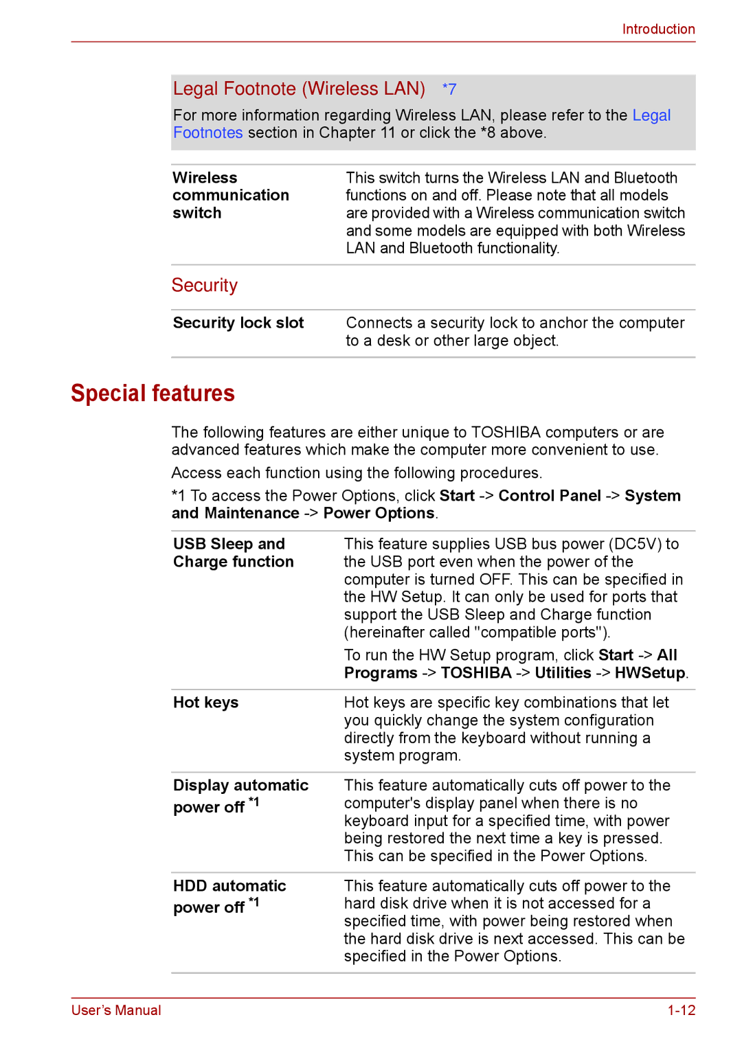 Toshiba F50 user manual Special features, Legal Footnote Wireless LAN*7, Security 