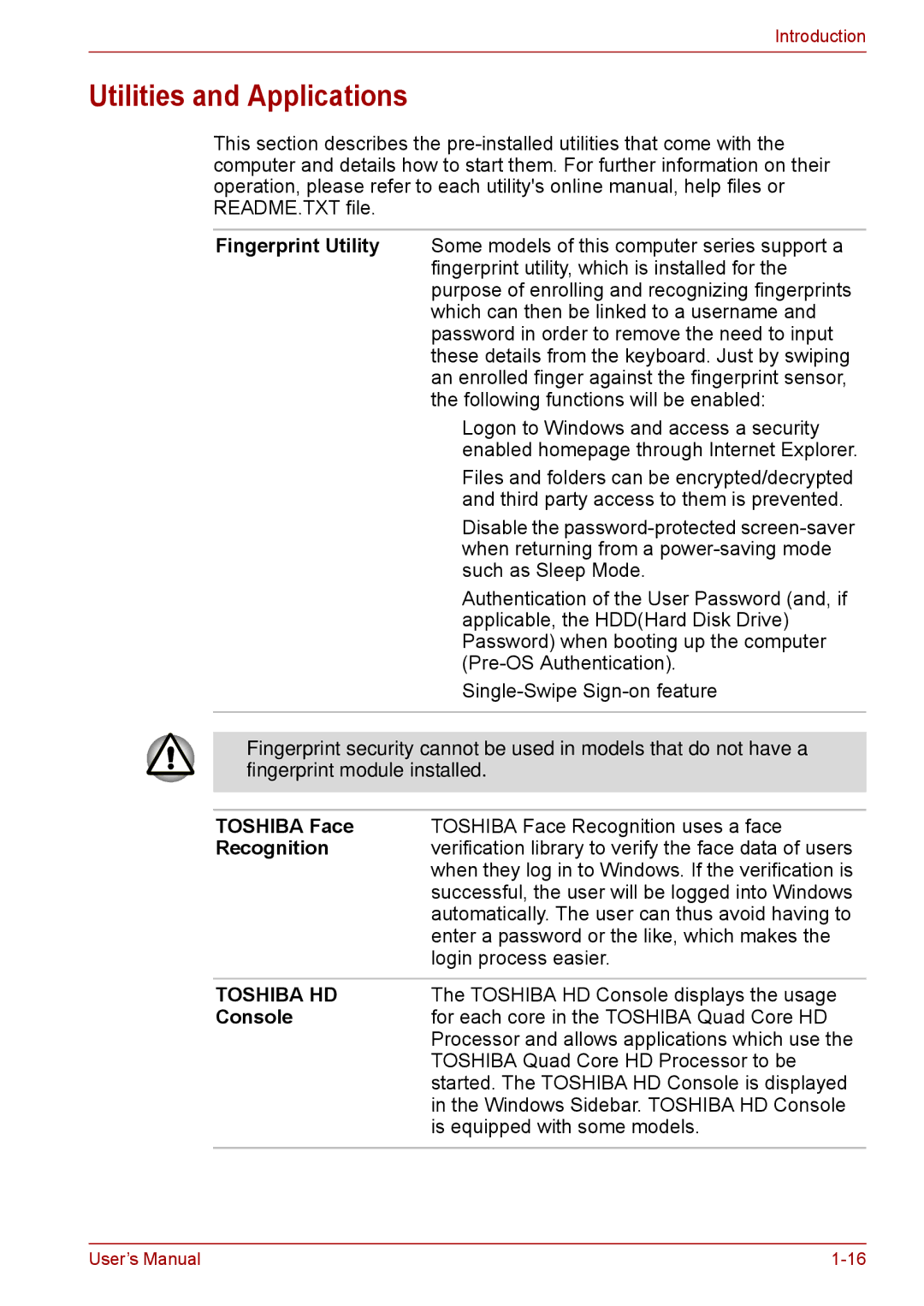 Toshiba F50 user manual Utilities and Applications, Toshiba Face, Recognition, Console 