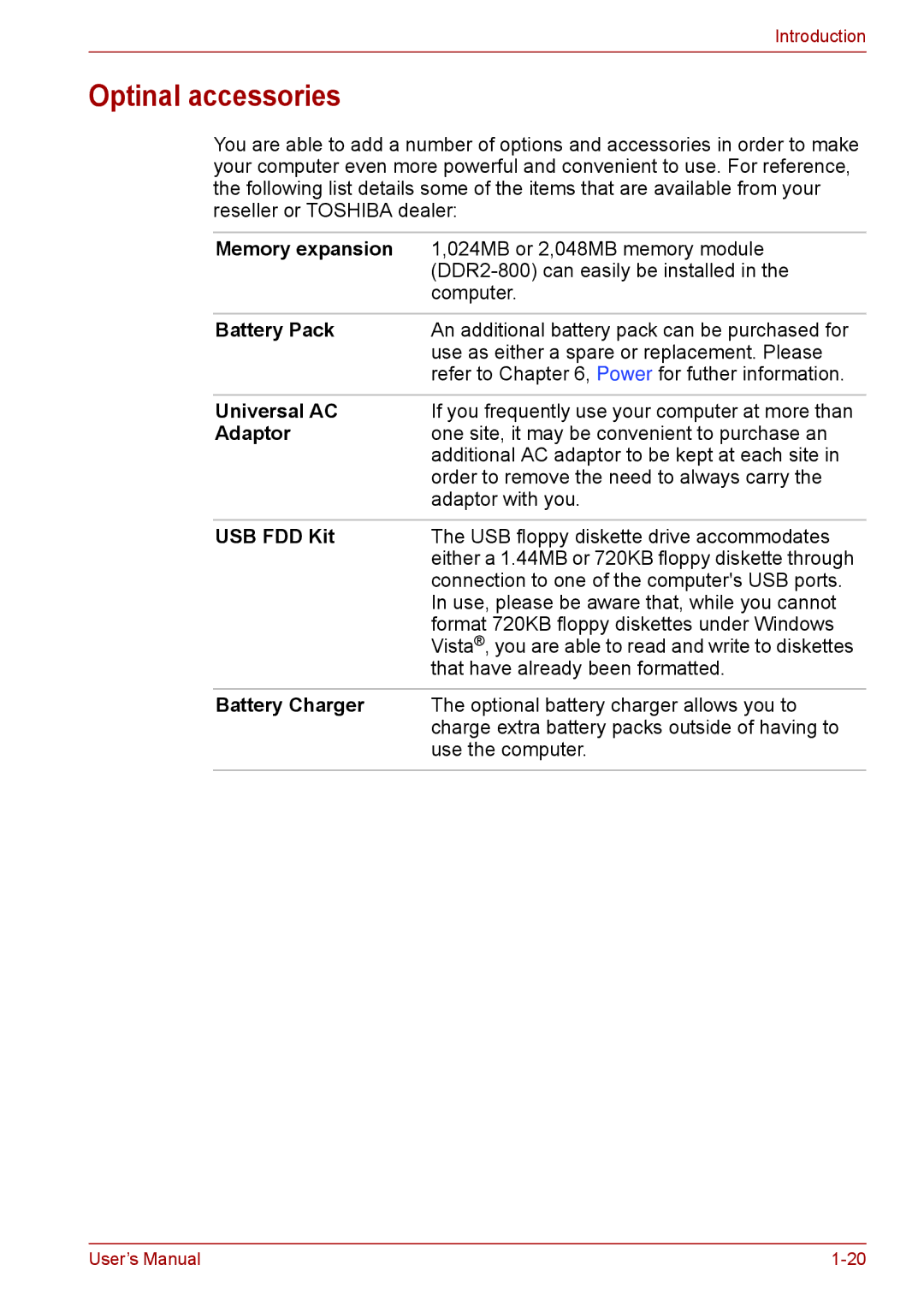 Toshiba F50 user manual Optinal accessories, Memory expansion, Universal AC, Adaptor, USB FDD Kit 