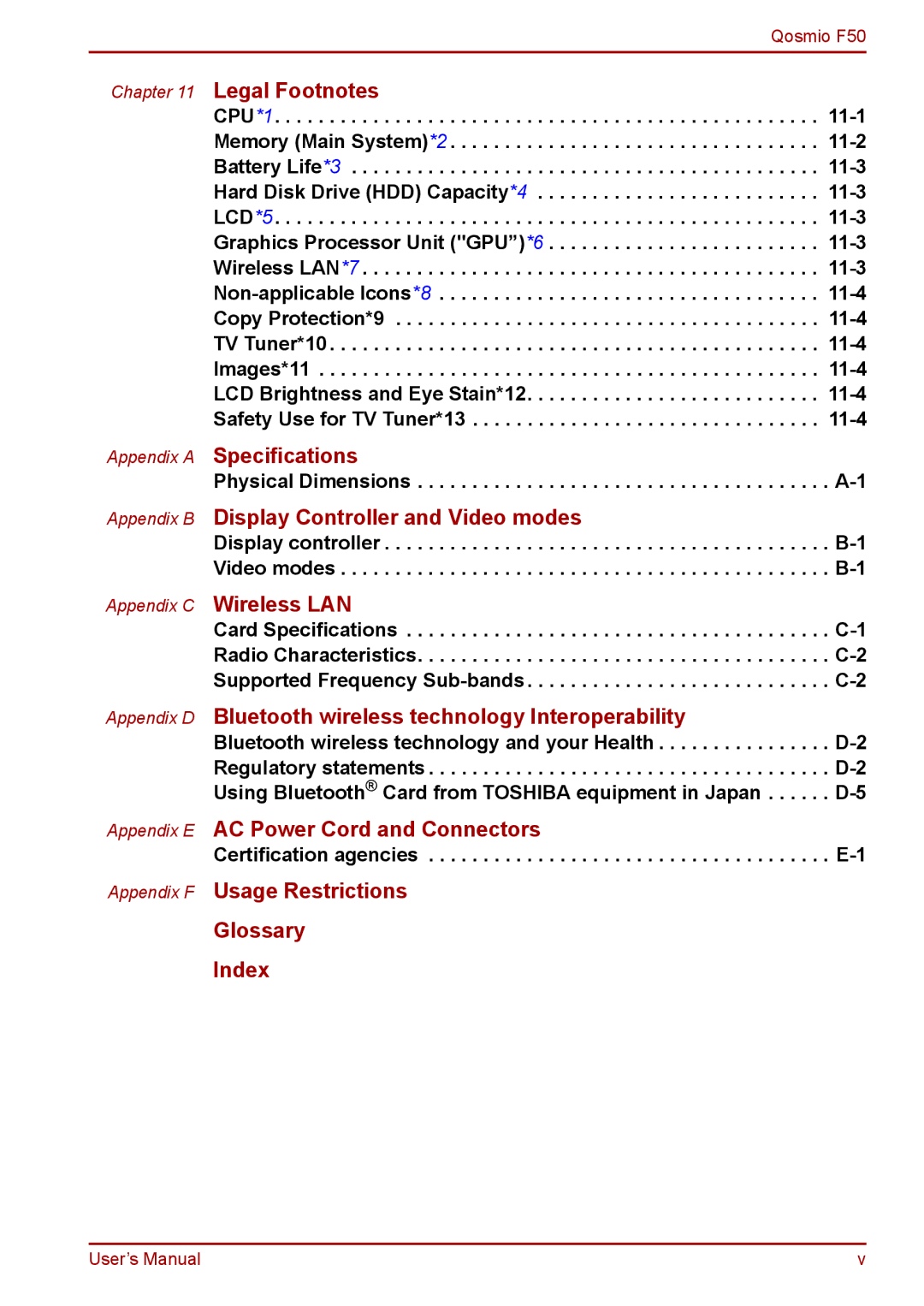 Toshiba F50 user manual Glossary Index 