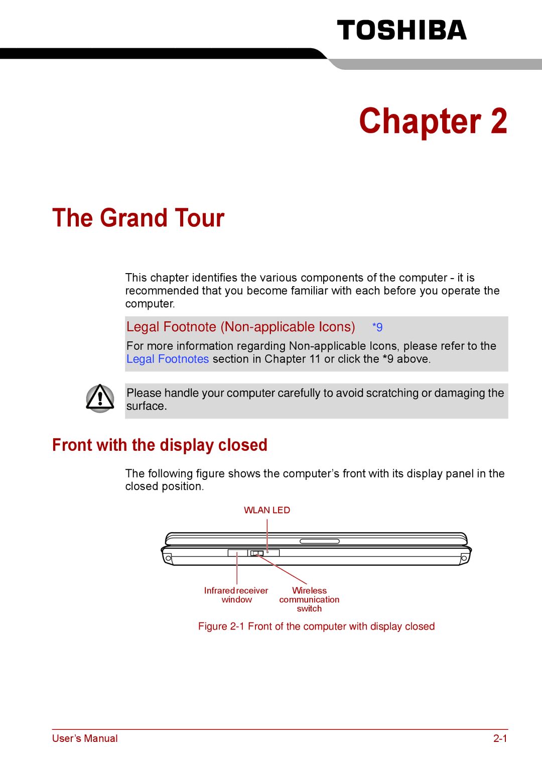 Toshiba F50 user manual Grand Tour, Front with the display closed, Legal Footnote Non-applicable Icons*9 