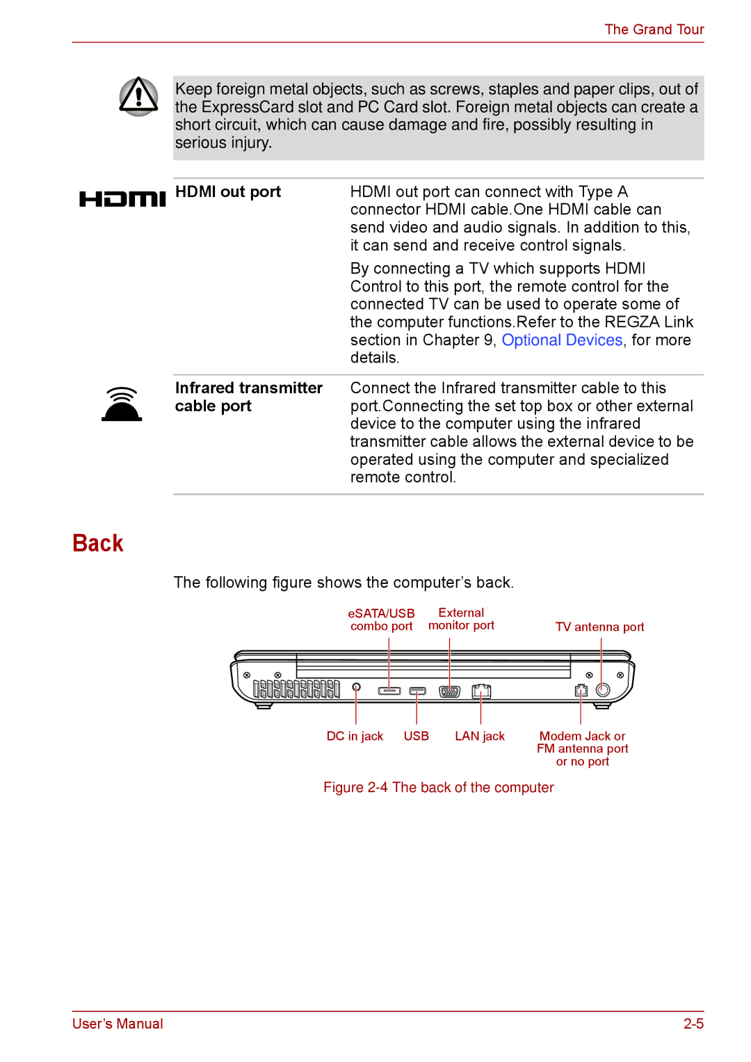 Toshiba F50 user manual Back, Following figure shows the computer’s back 