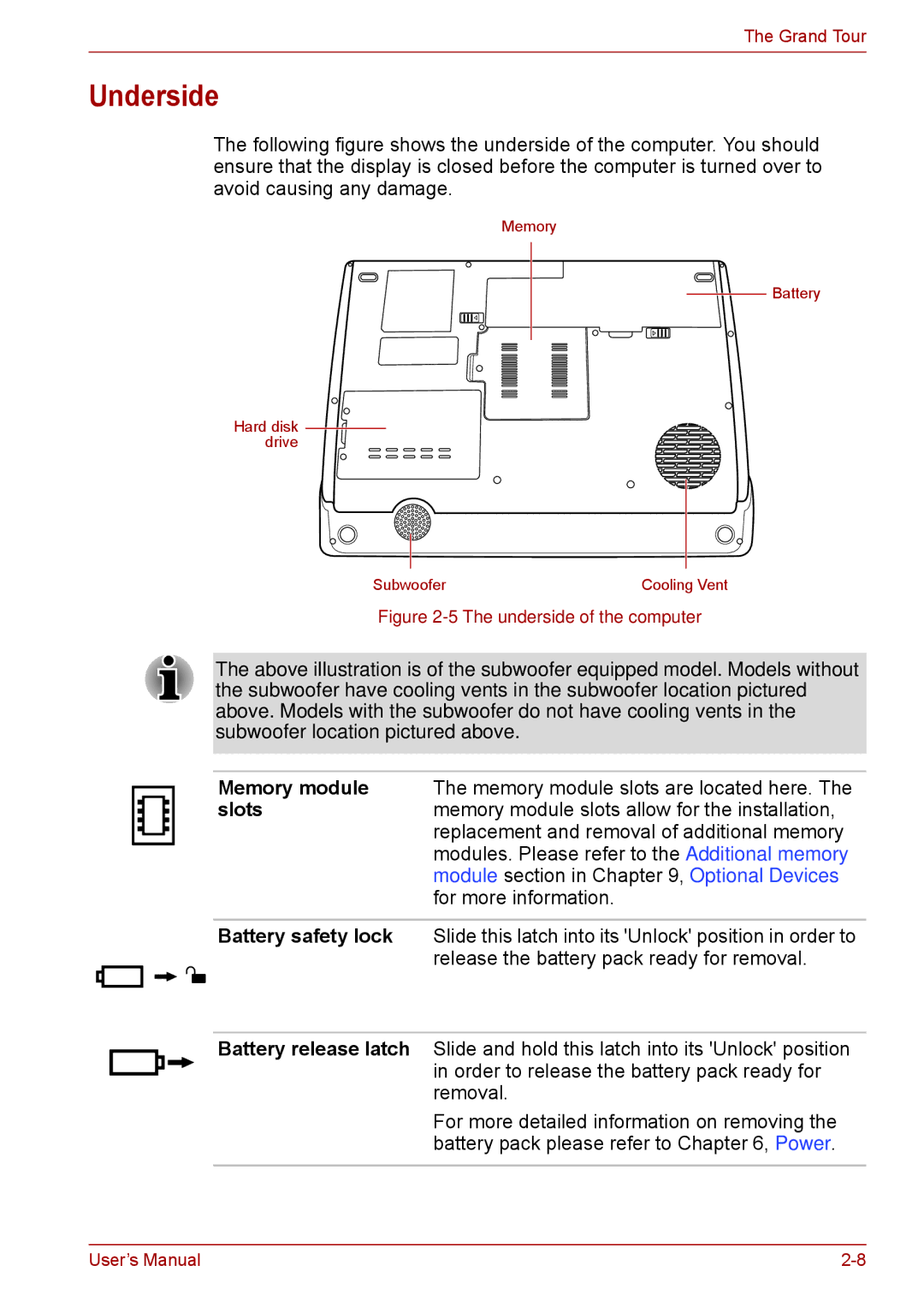 Toshiba F50 user manual Underside, Memory module, Battery safety lock, Battery release latch 