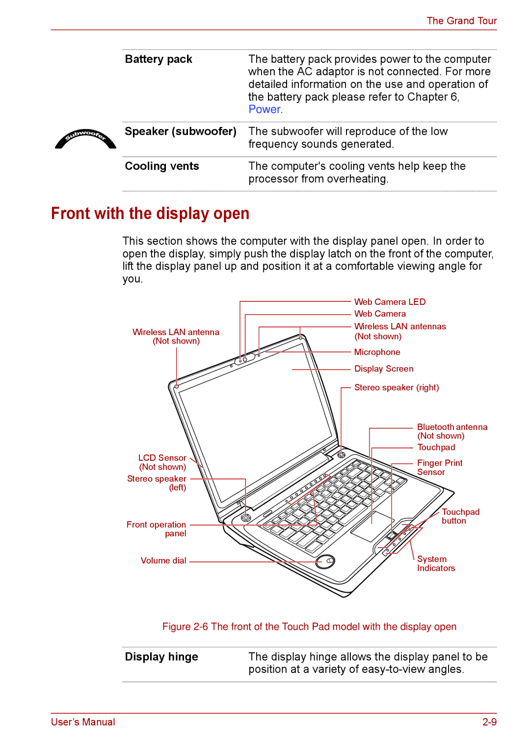 Toshiba F50 user manual Front with the display open, Speaker subwoofer, Display hinge 