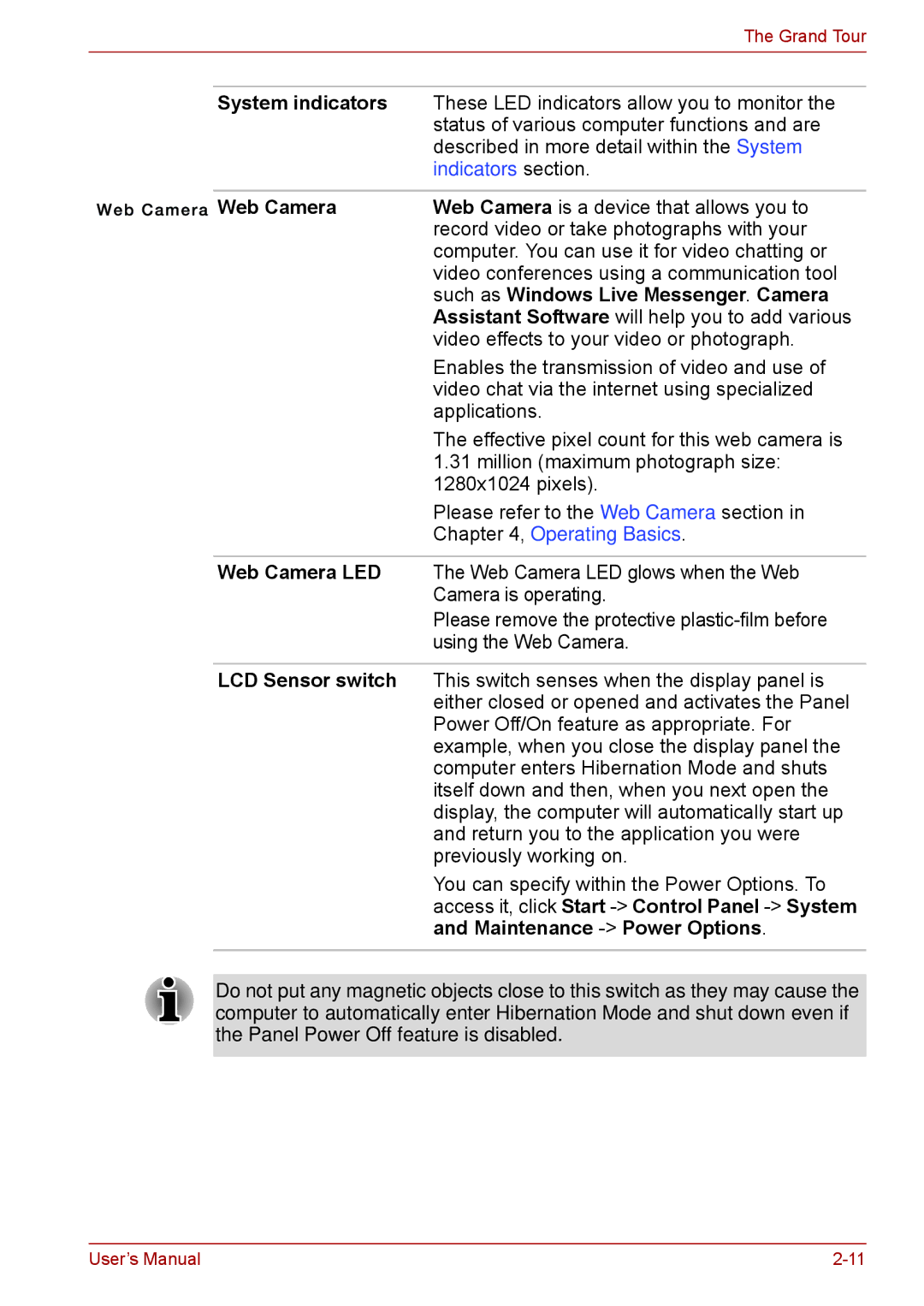 Toshiba F50 user manual Web Camera, Such as Windows Live Messenger . Camera 