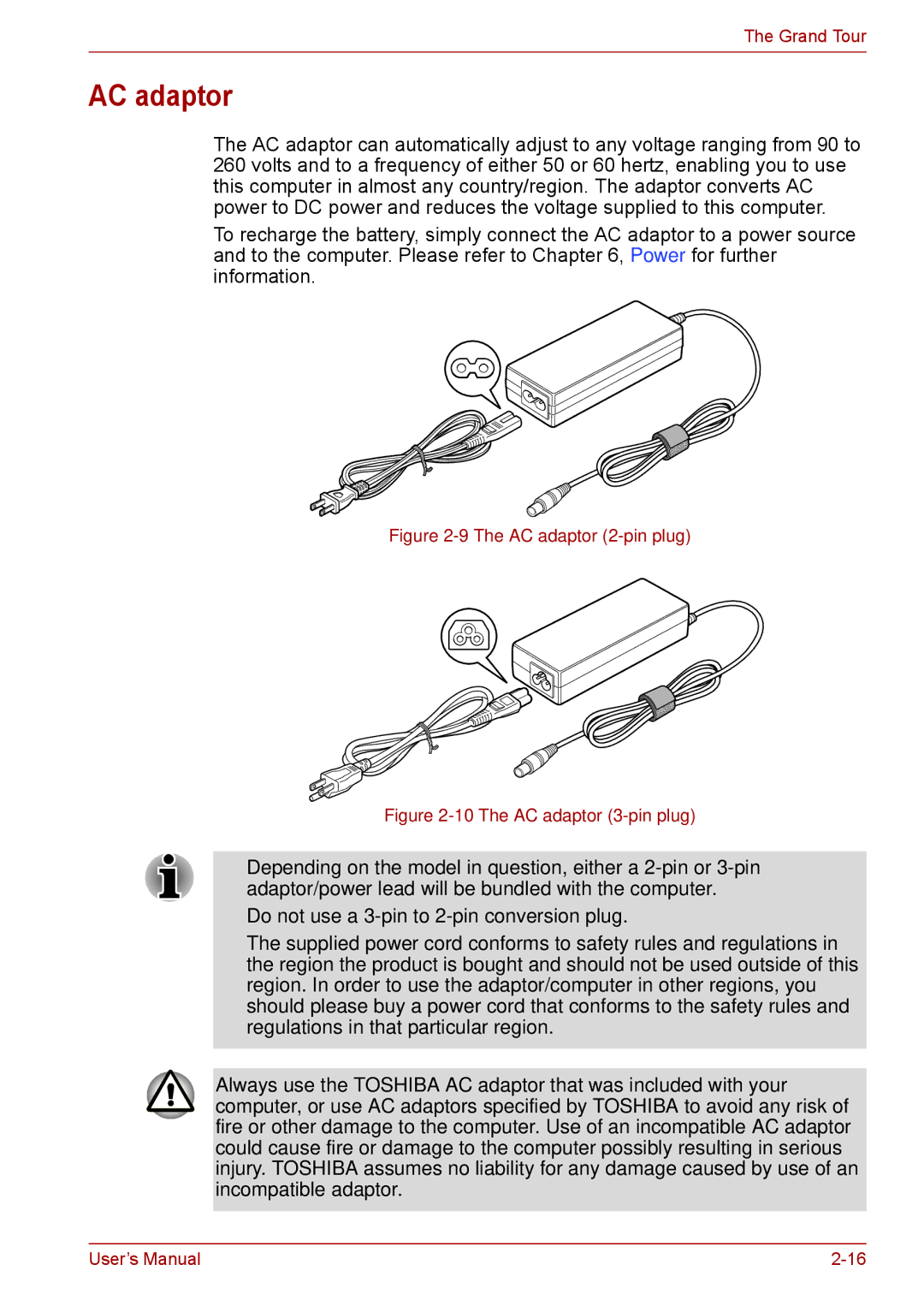 Toshiba F50 user manual AC adaptor 2-pin plug 