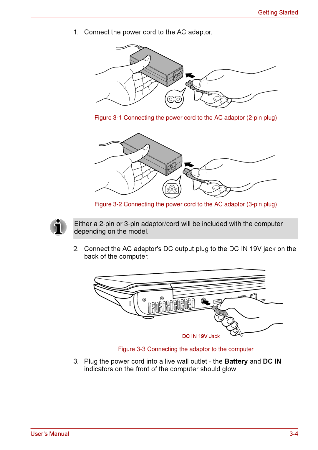 Toshiba F50 user manual Connect the power cord to the AC adaptor 