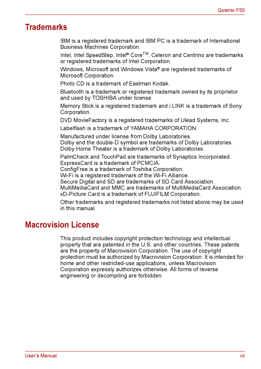 Toshiba F50 user manual Trademarks, Macrovision License 