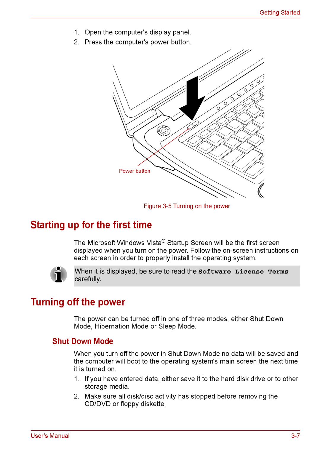 Toshiba F50 user manual Starting up for the first time, Turning off the power, Shut Down Mode 