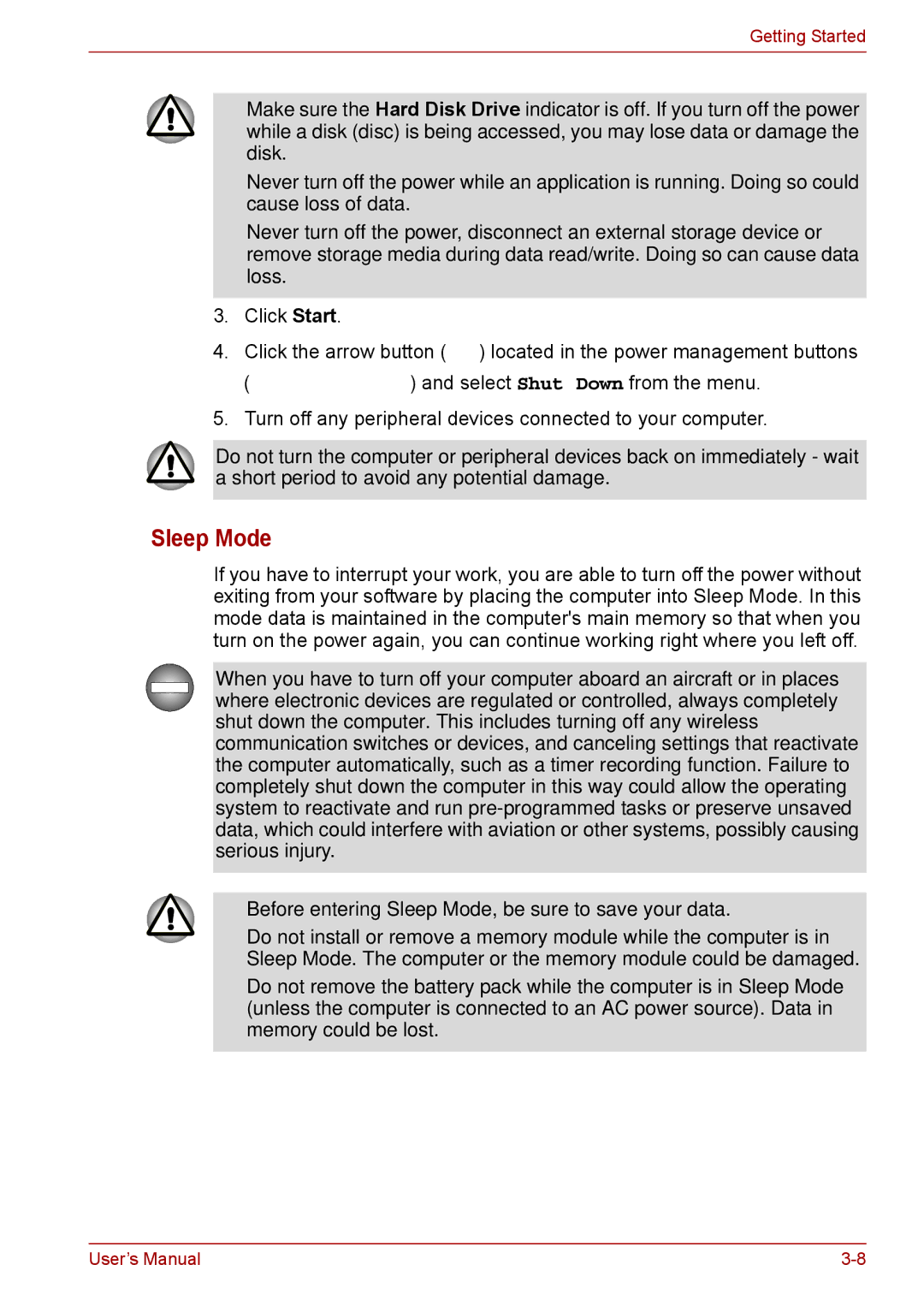 Toshiba F50 user manual Sleep Mode 