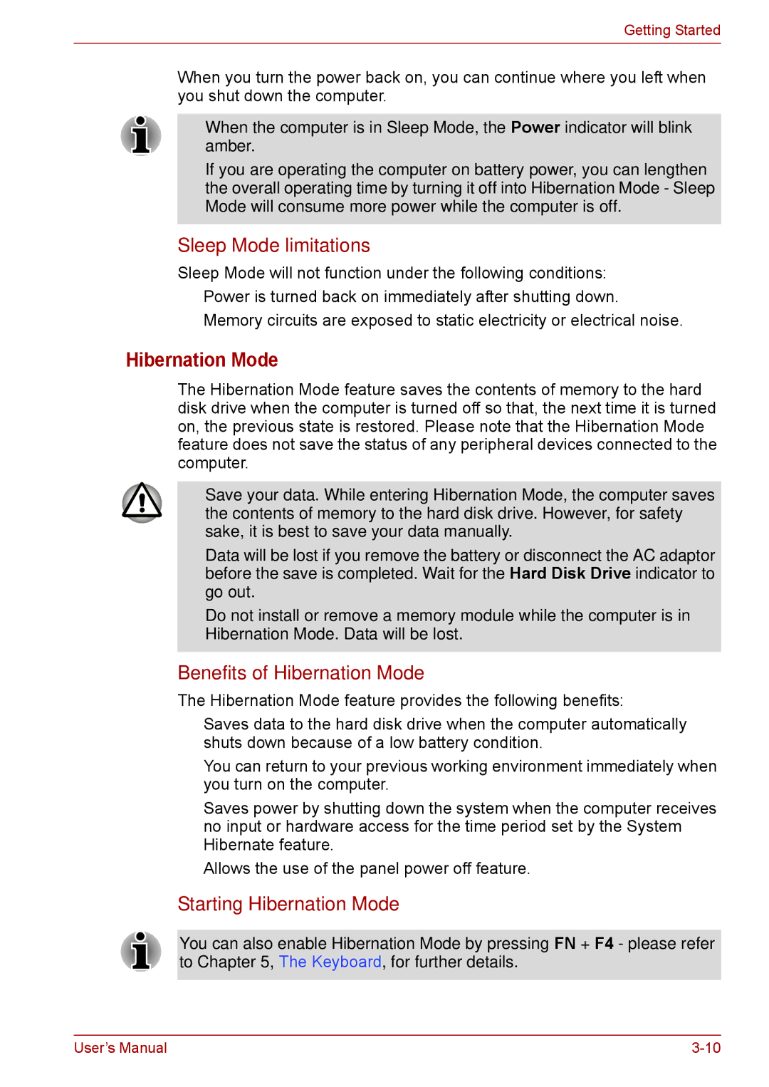 Toshiba F50 user manual Sleep Mode limitations, Benefits of Hibernation Mode, Starting Hibernation Mode 