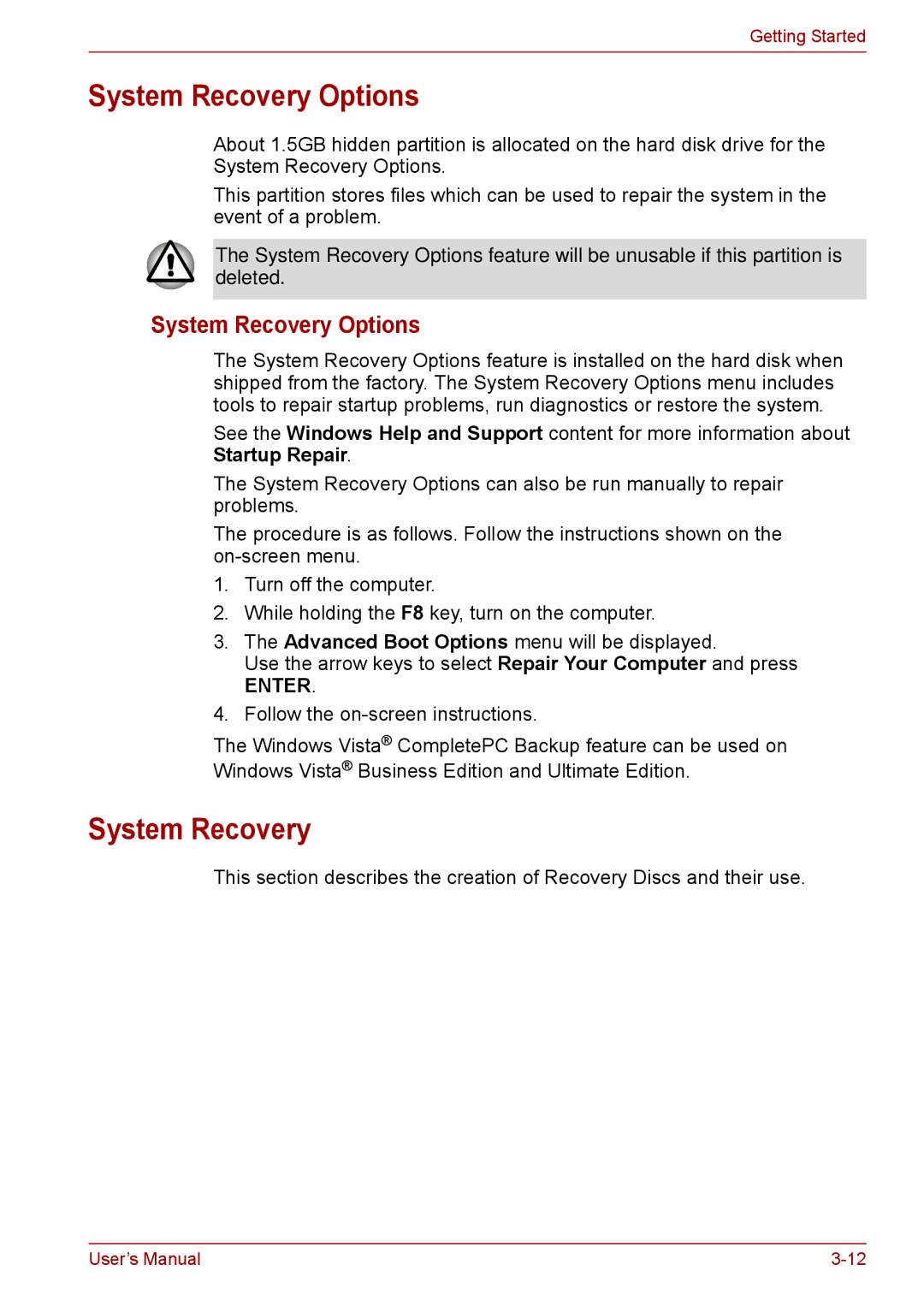 Toshiba F50 user manual System Recovery Options 