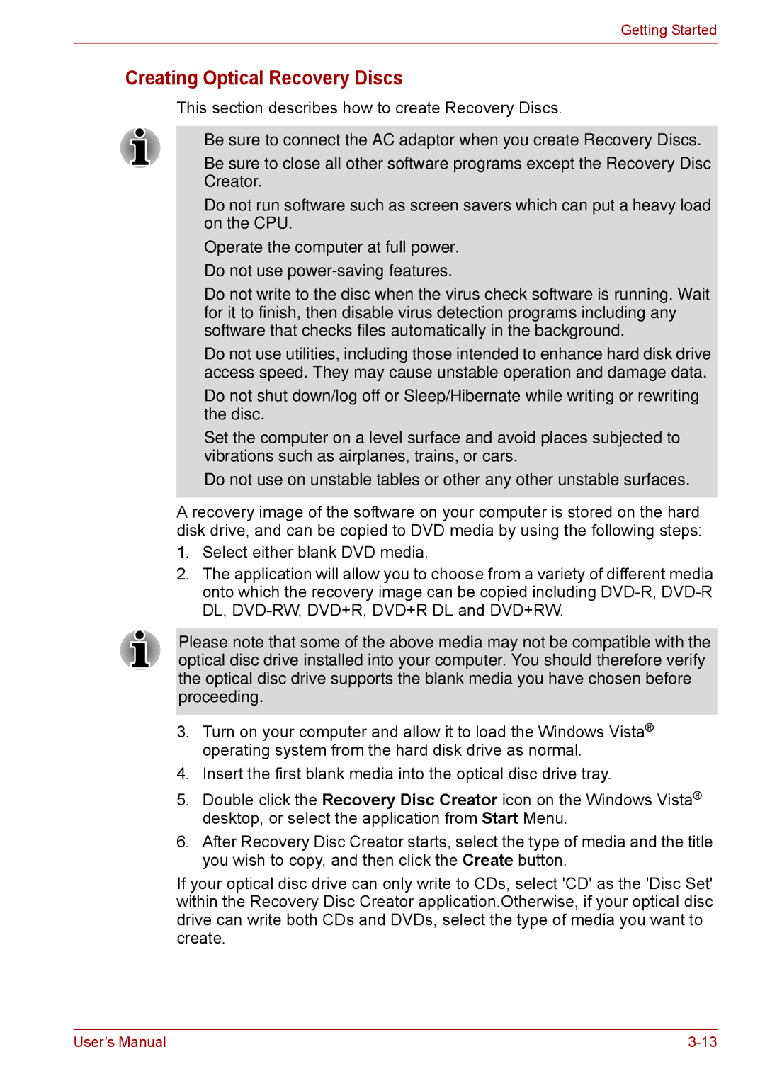 Toshiba F50 user manual Creating Optical Recovery Discs 