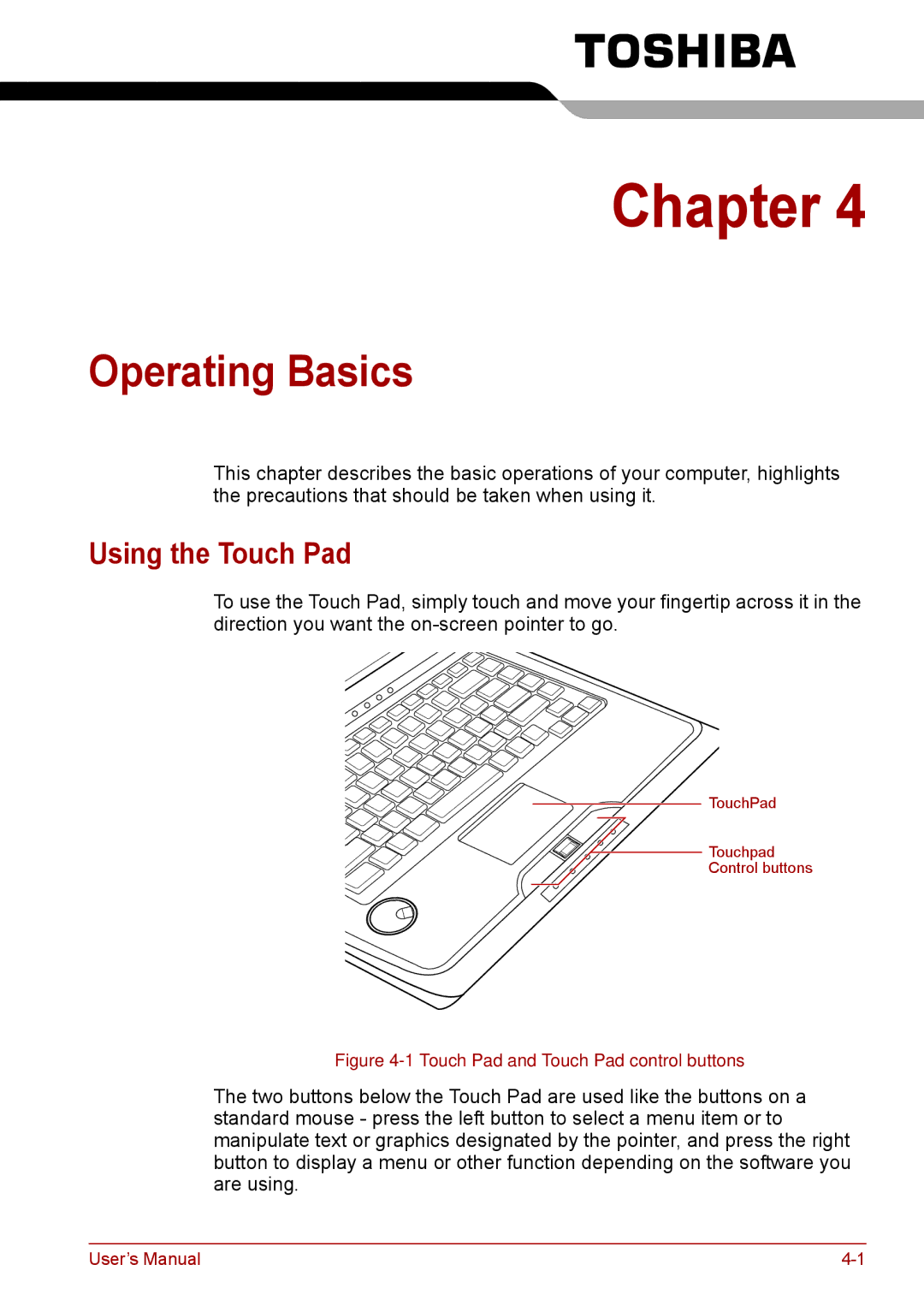 Toshiba F50 user manual Operating Basics, Using the Touch Pad 