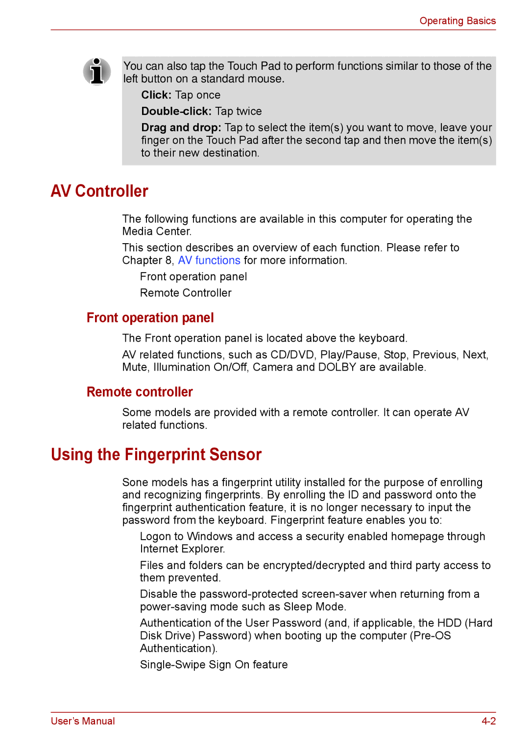 Toshiba F50 AV Controller, Using the Fingerprint Sensor, Front operation panel, Remote controller, Double-click Tap twice 