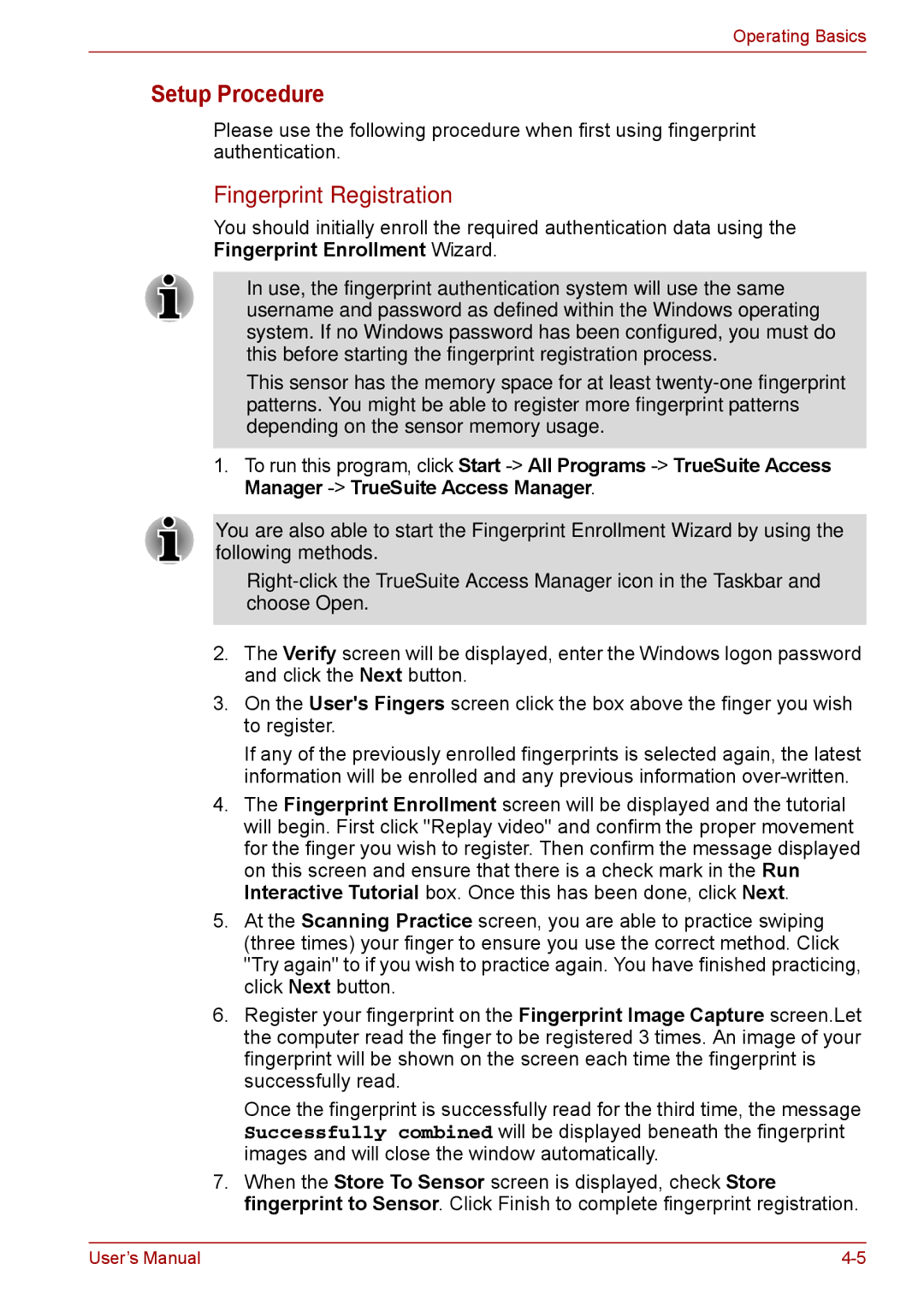 Toshiba F50 user manual Setup Procedure, Fingerprint Registration 