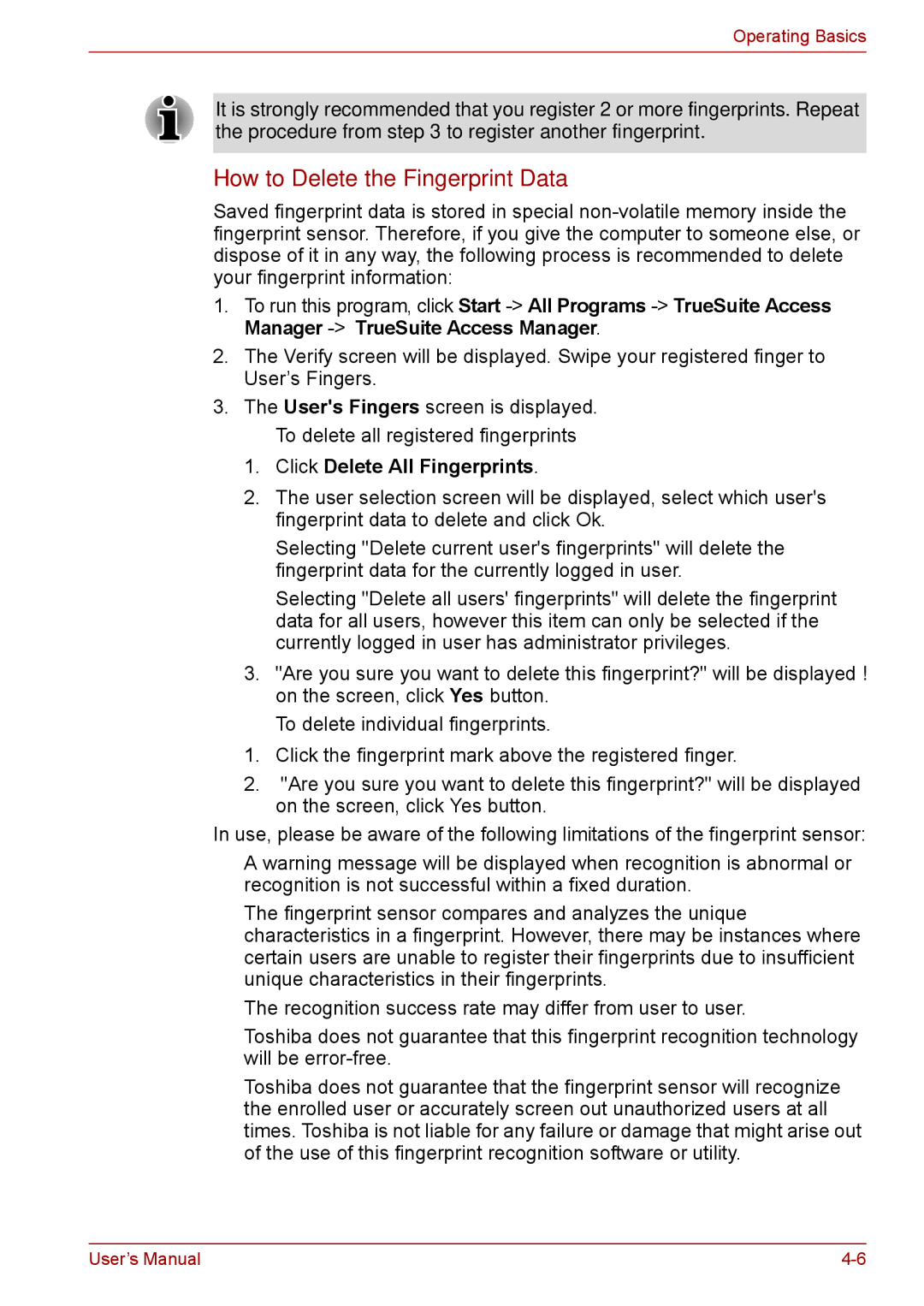 Toshiba F50 user manual How to Delete the Fingerprint Data, Click Delete All Fingerprints 