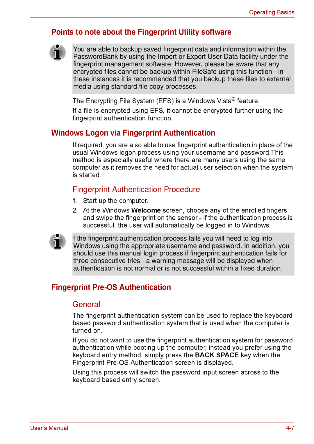 Toshiba F50 Points to note about the Fingerprint Utility software, Windows Logon via Fingerprint Authentication, General 