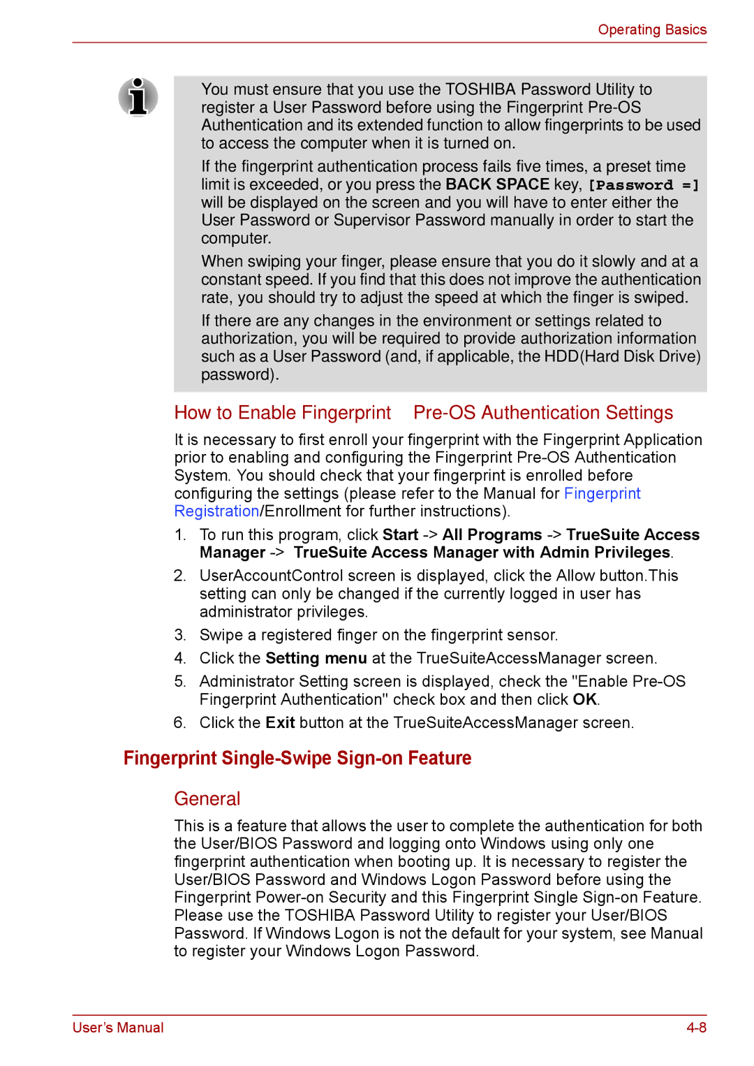 Toshiba F50 user manual Fingerprint Single-Swipe Sign-on Feature, How to Enable Fingerprint Pre-OS Authentication Settings 