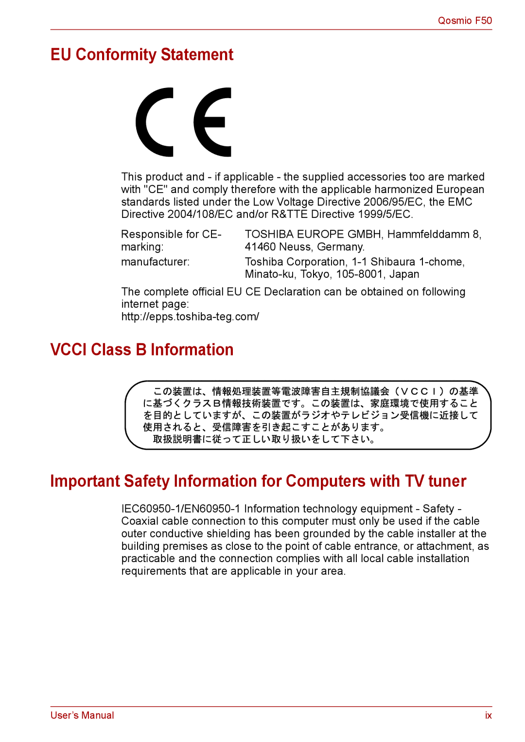 Toshiba F50 user manual EU Conformity Statement 