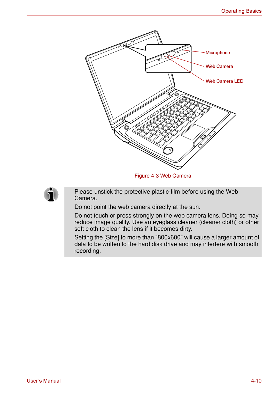 Toshiba F50 user manual Web Camera 