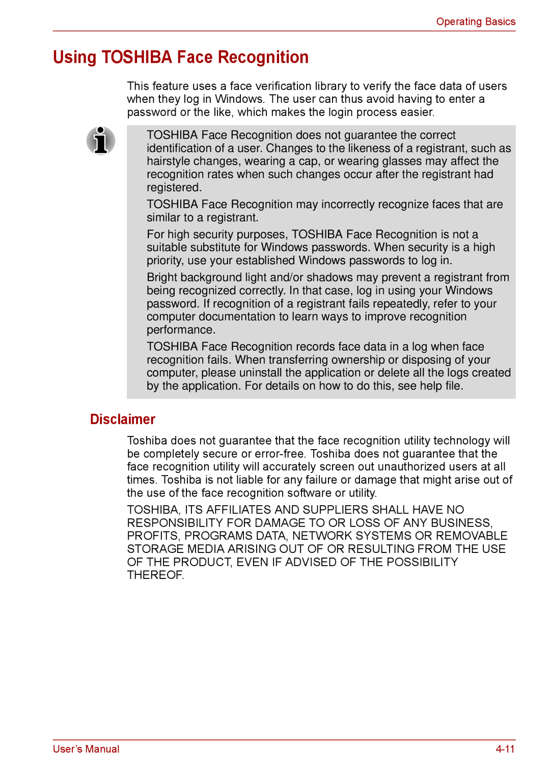 Toshiba F50 user manual Using Toshiba Face Recognition, Disclaimer 