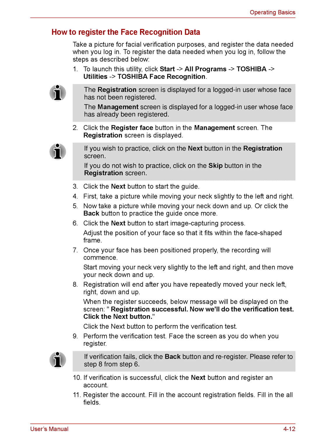 Toshiba F50 user manual How to register the Face Recognition Data 