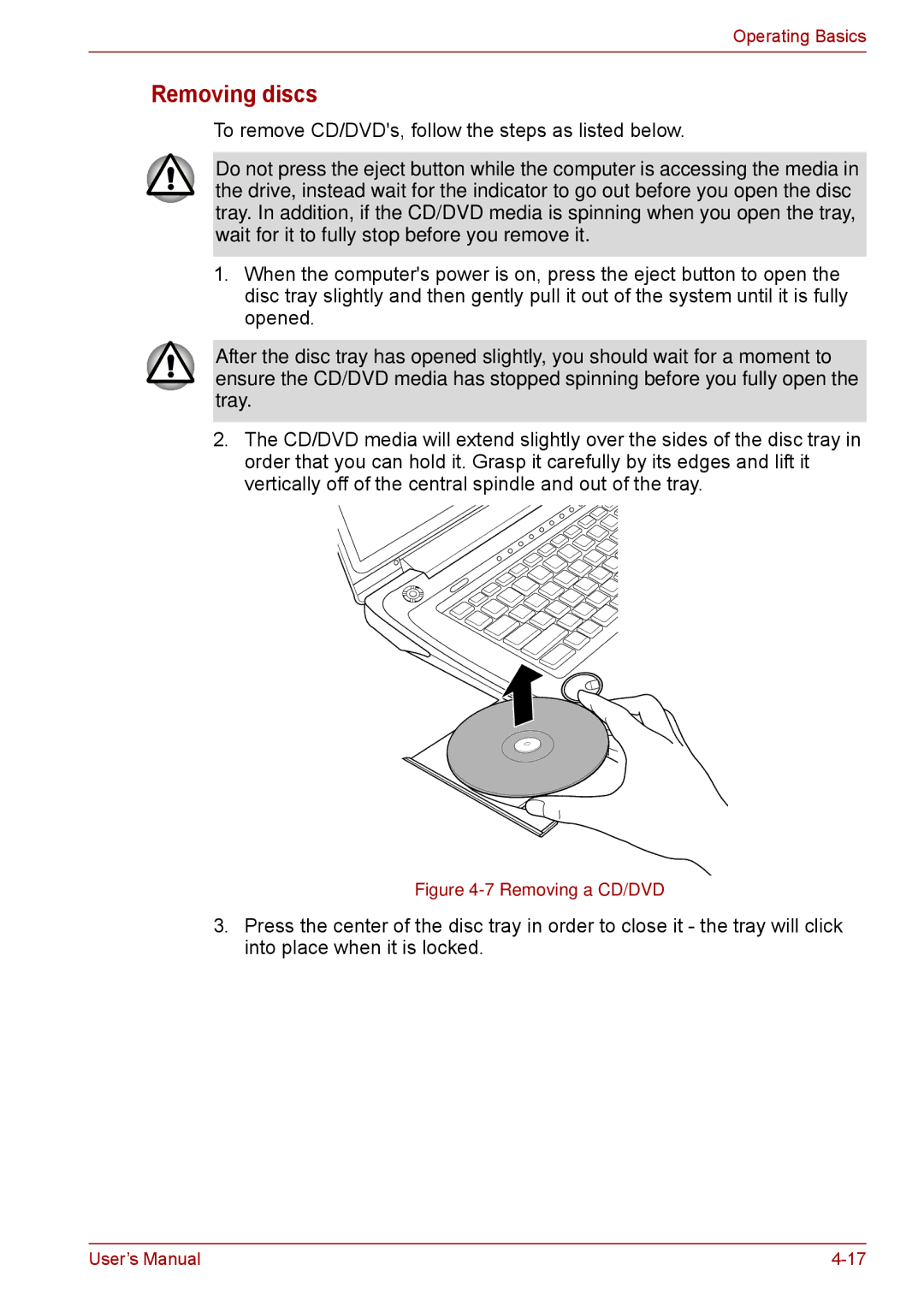 Toshiba F50 user manual Removing discs, Removing a CD/DVD 