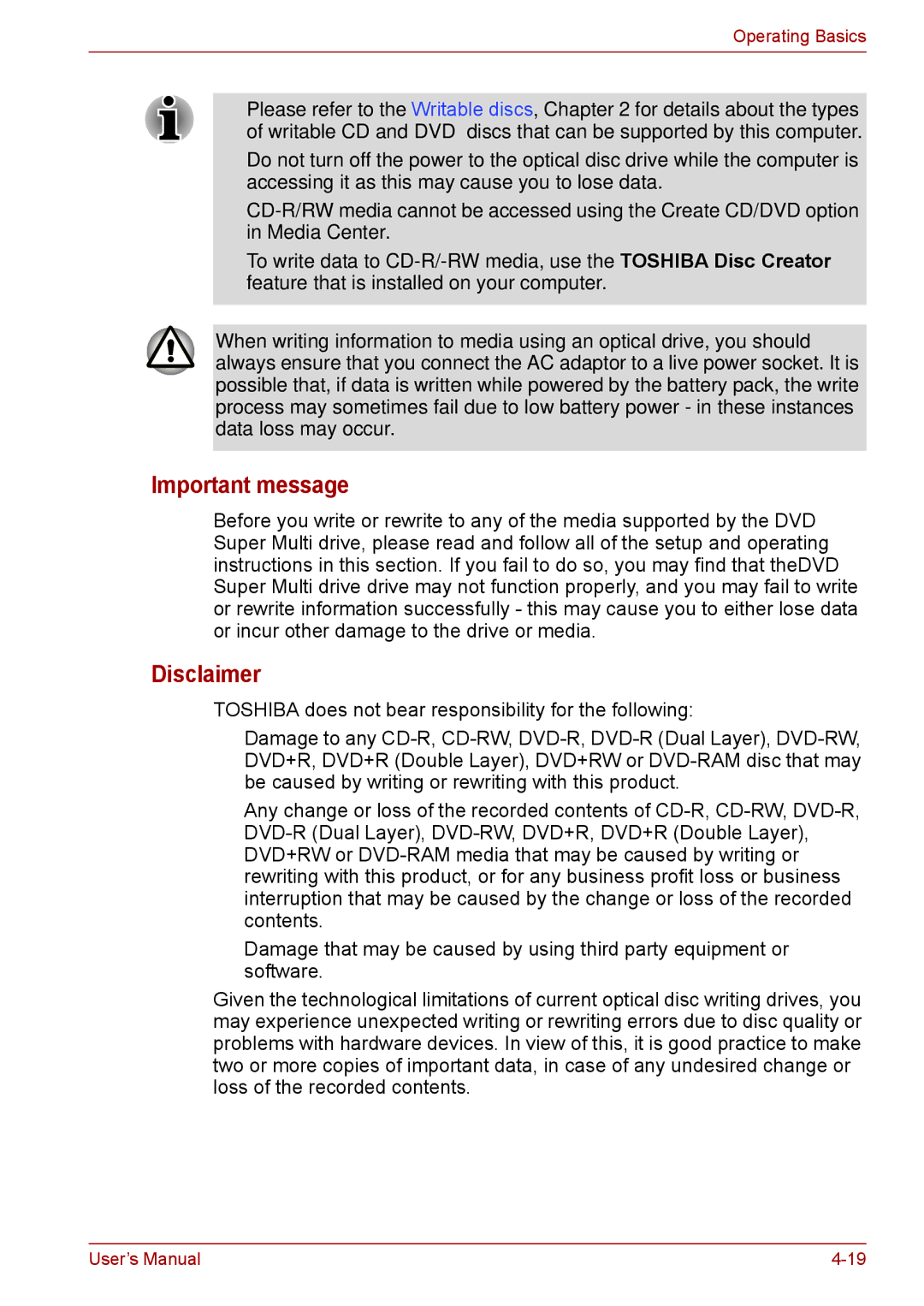 Toshiba F50 user manual Important message, Disclaimer 