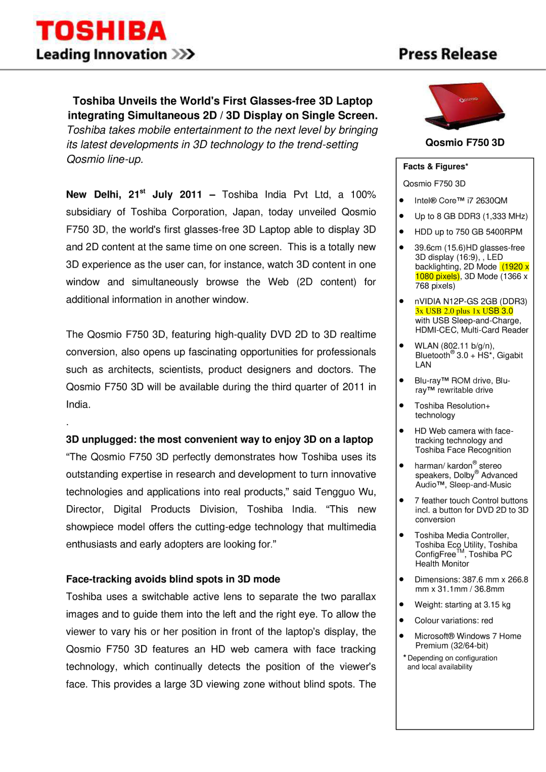 Toshiba dimensions Face-tracking avoids blind spots in 3D mode, Qosmio F750 3D, Facts & Figures, Lan 