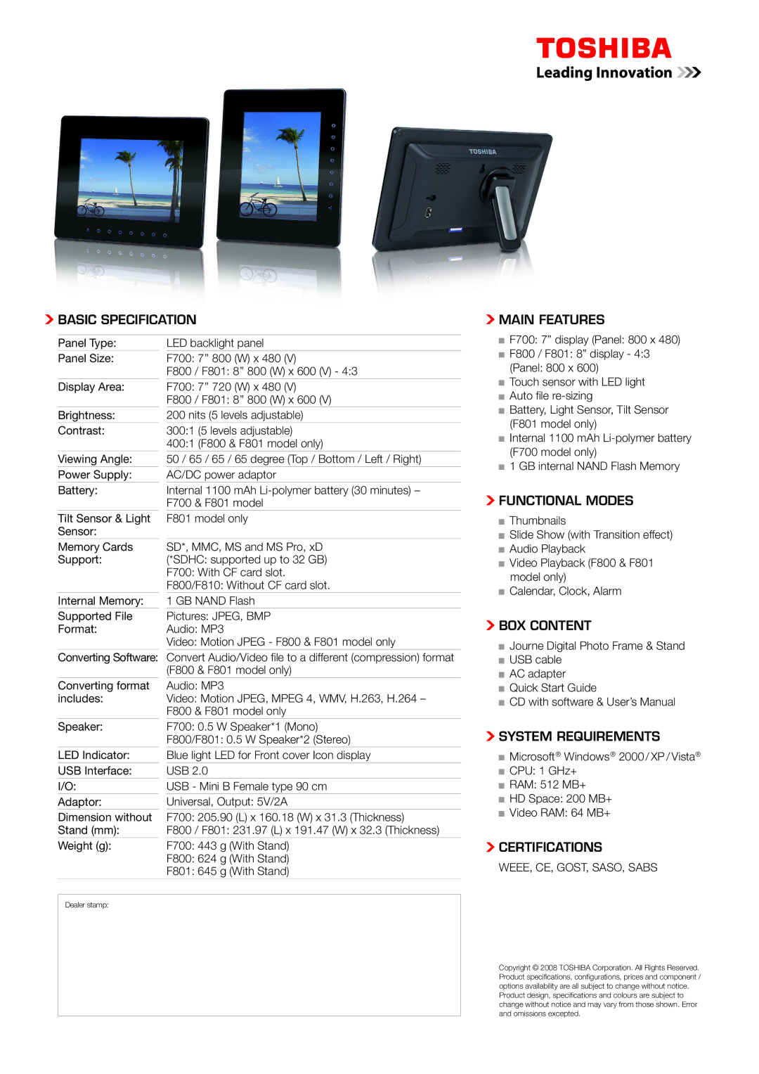 Toshiba F700, F801 Basic Specification Main Features, Functional Modes, BOX Content, System Requirements, Certifications 