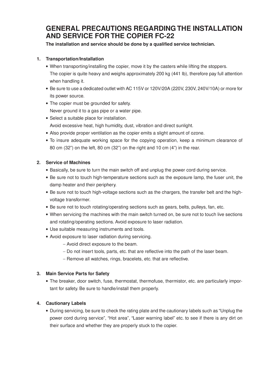 Toshiba FC-22 manual Service of Machines, Main Service Parts for Safety 