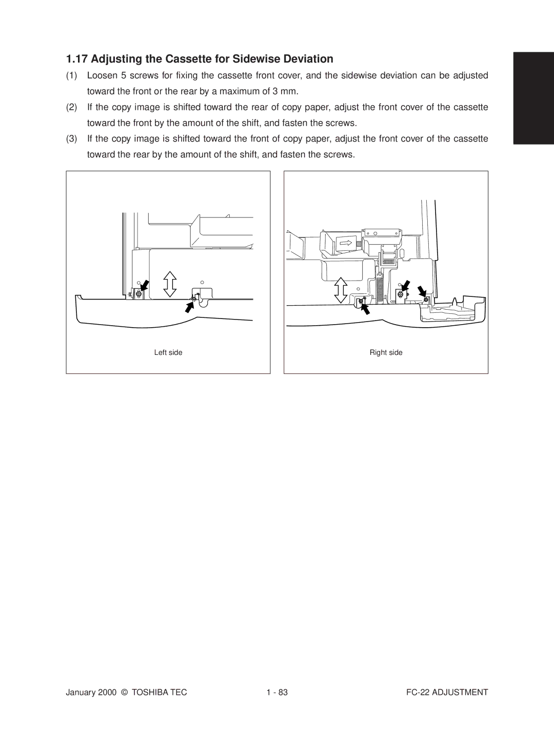 Toshiba FC-22 manual Adjusting the Cassette for Sidewise Deviation 