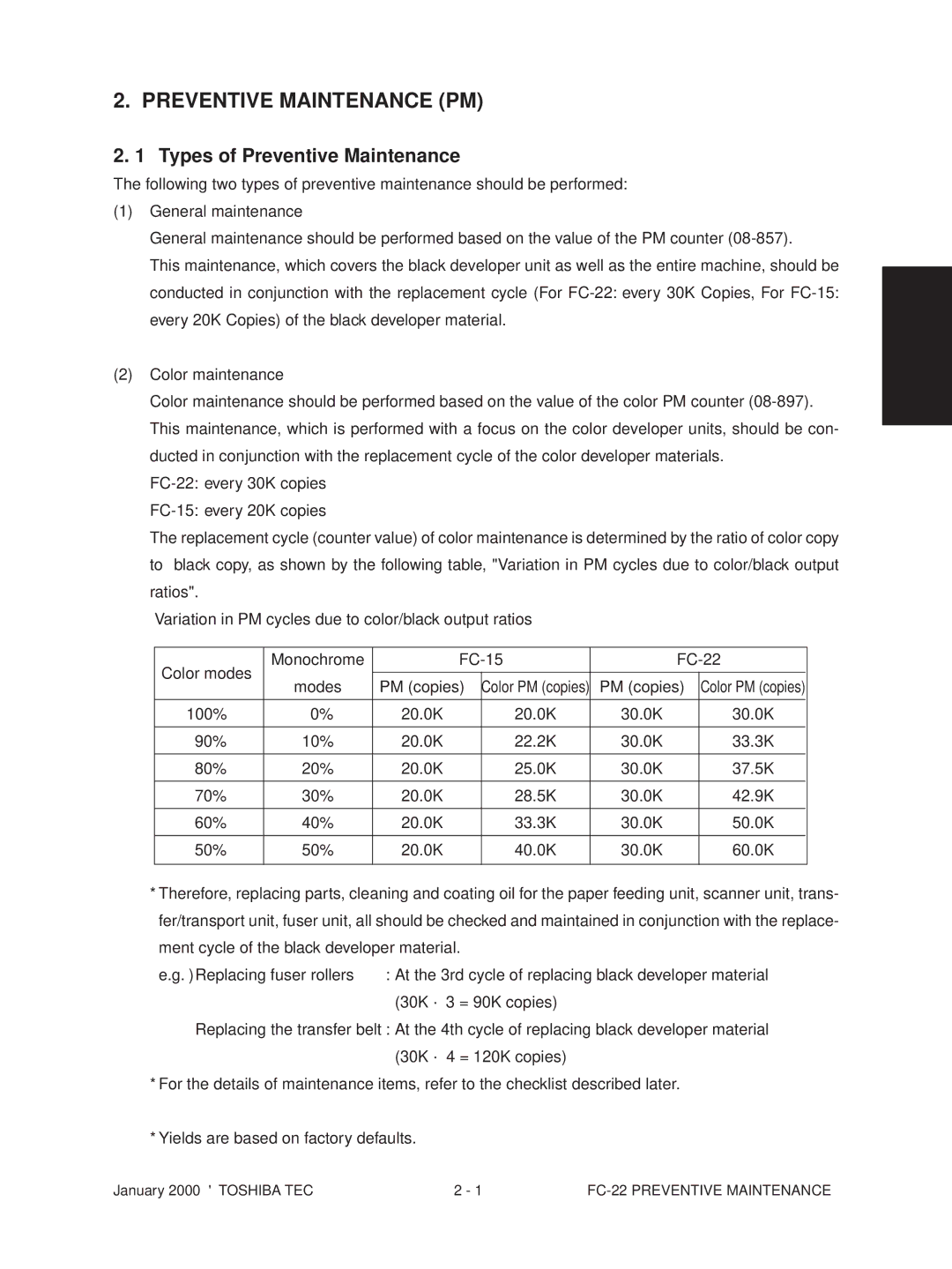 Toshiba FC-22 manual Preventive Maintenance PM, Types of Preventive Maintenance 