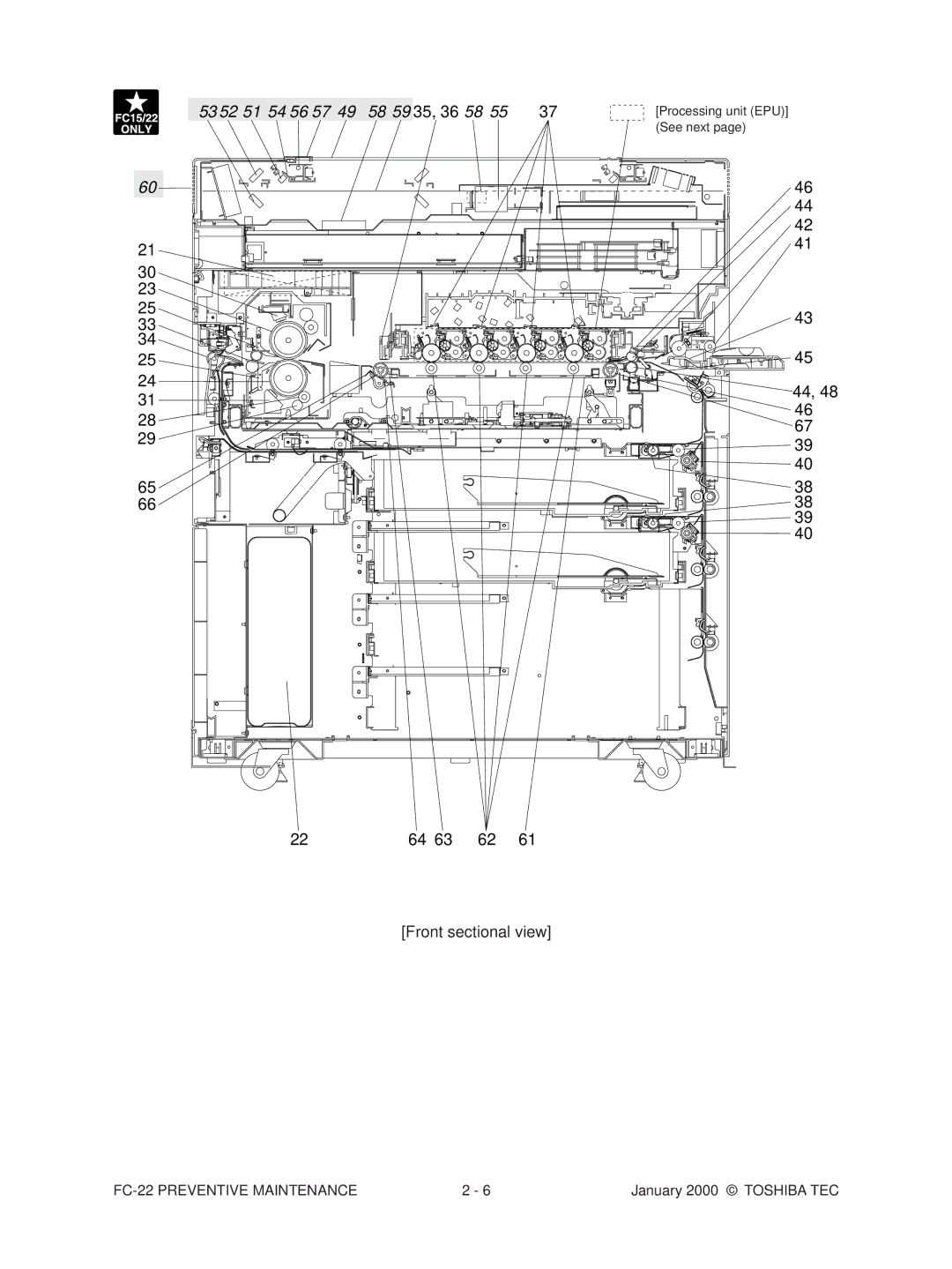 Toshiba FC-22 manual 53 52 51 54 56 57, Front sectional view 