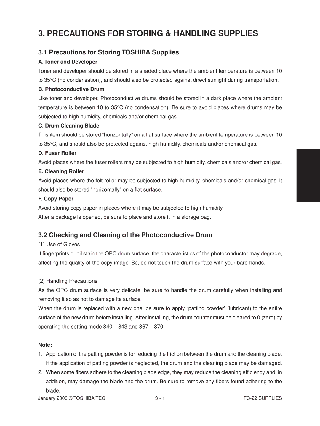 Toshiba FC-22 manual Precautions for Storing Toshiba Supplies, Checking and Cleaning of the Photoconductive Drum 