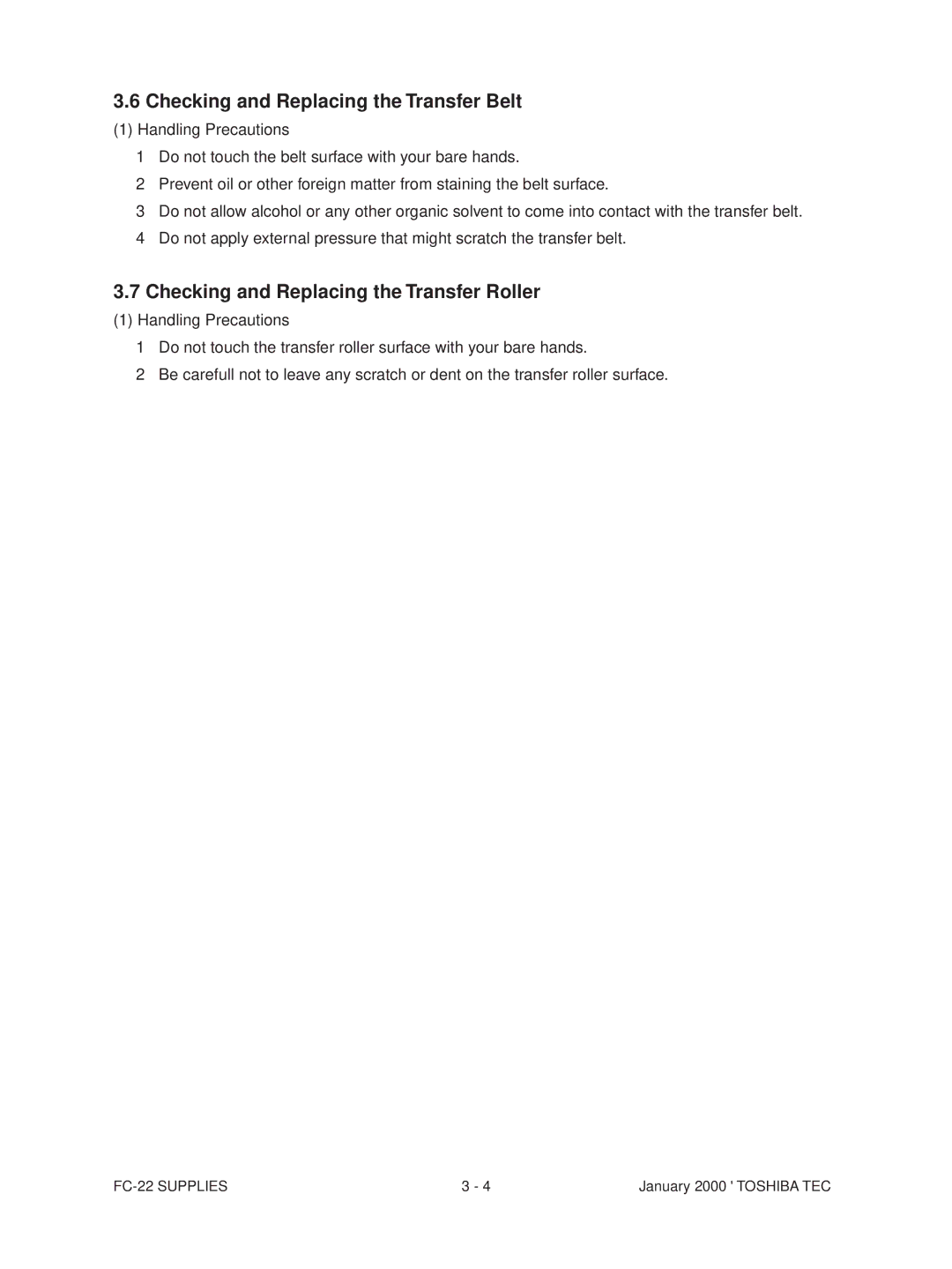 Toshiba FC-22 manual Checking and Replacing the Transfer Belt, Checking and Replacing the Transfer Roller 