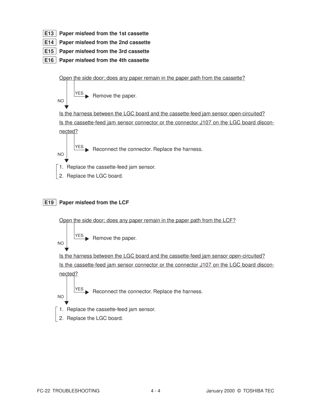 Toshiba FC-22 manual Replace the cassette-feed jam sensor Replace the LGC board, E19 Paper misfeed from the LCF 
