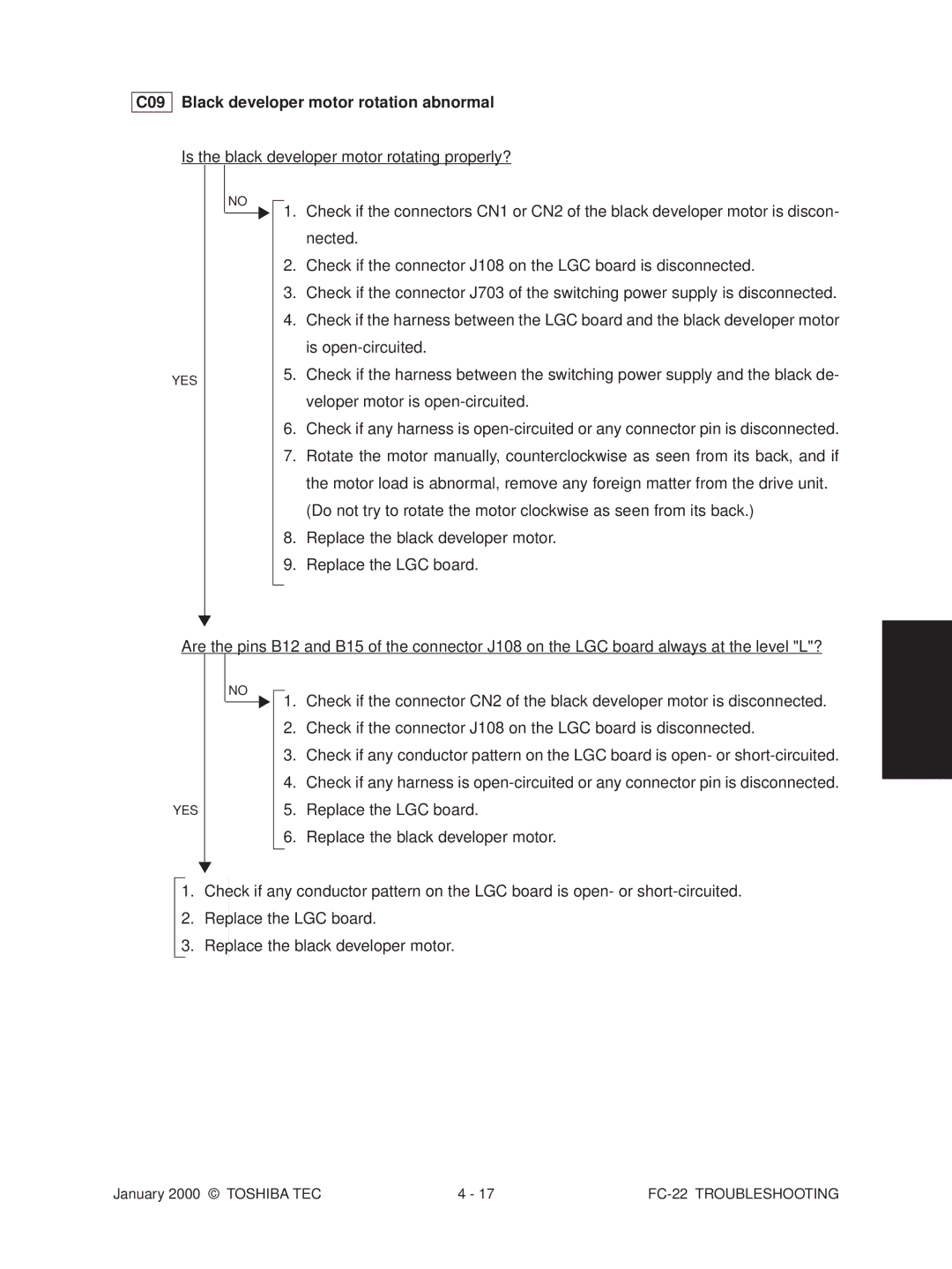 Toshiba FC-22 manual C09 Black developer motor rotation abnormal, Is the black developer motor rotating properly? 