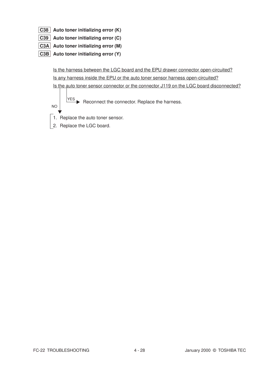 Toshiba FC-22 manual C38 C39, Replace the auto toner sensor Replace the LGC board 