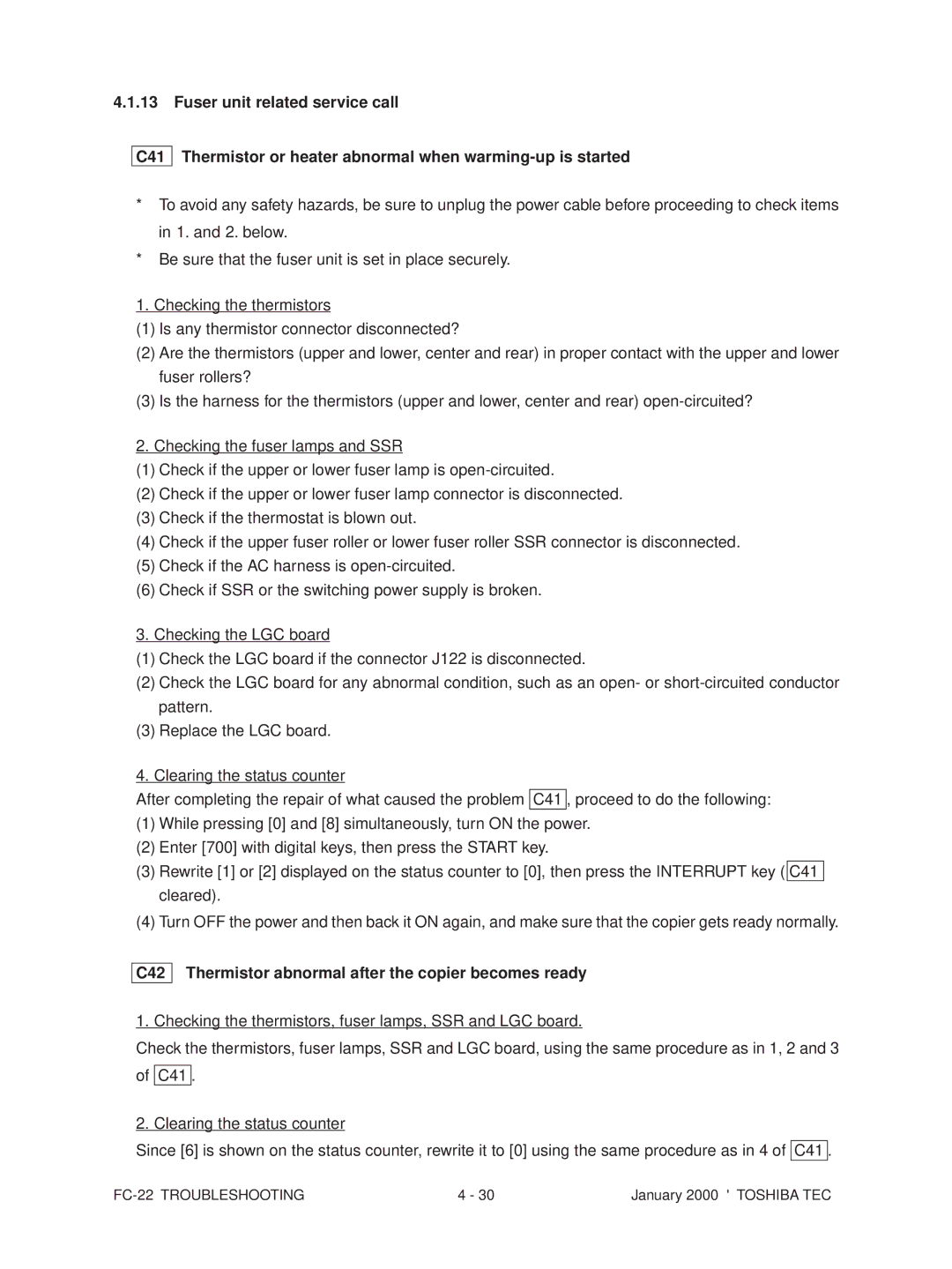 Toshiba FC-22 manual C42 Thermistor abnormal after the copier becomes ready 