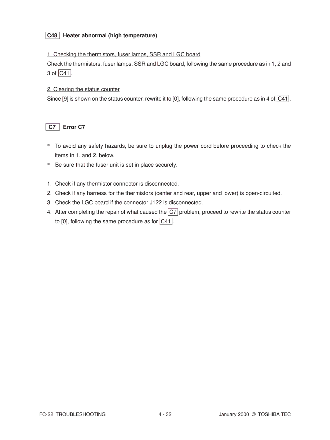 Toshiba FC-22 manual C48 Heater abnormal high temperature, C41, Error C7 