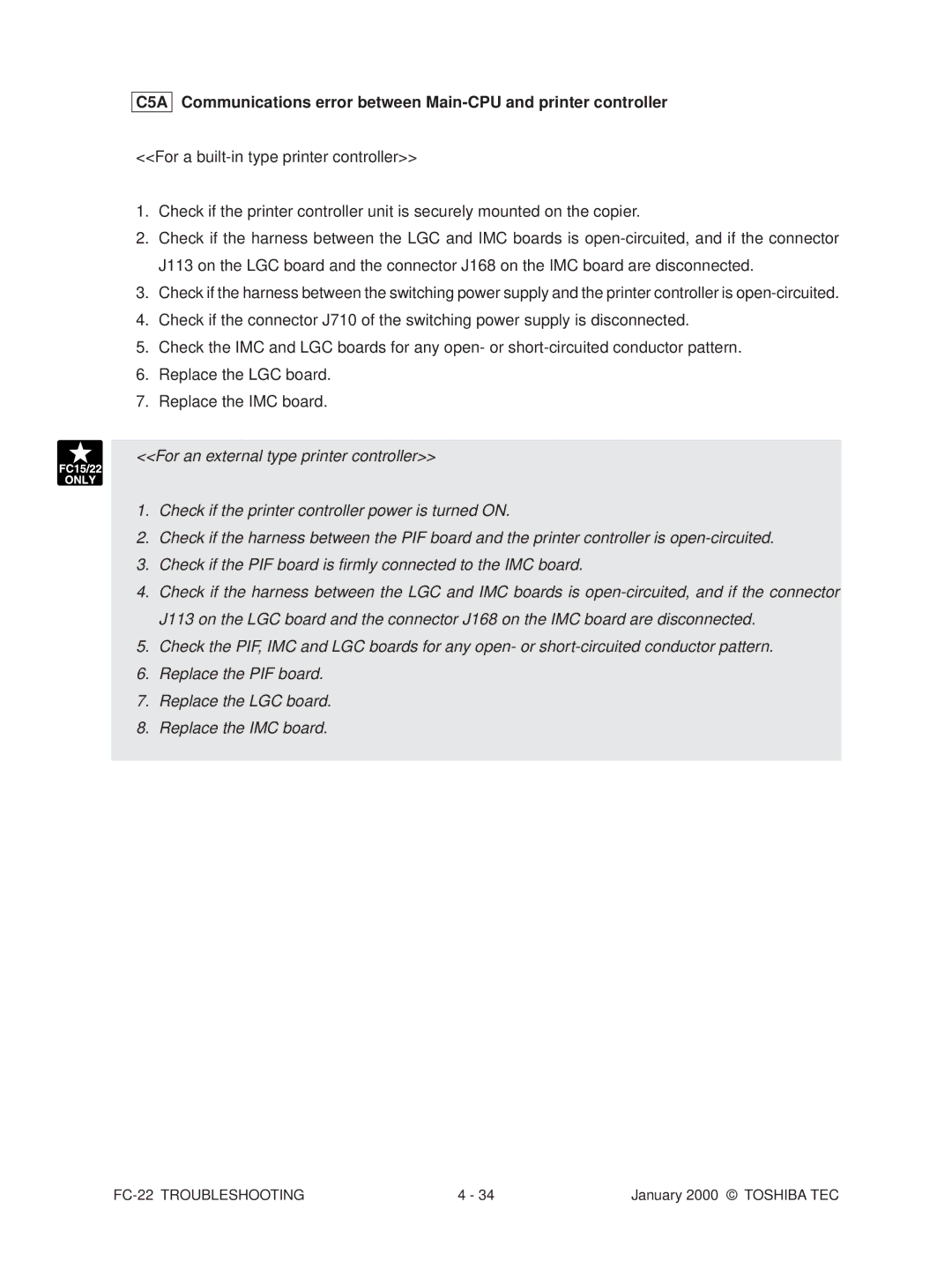 Toshiba manual FC-22 Troubleshooting 