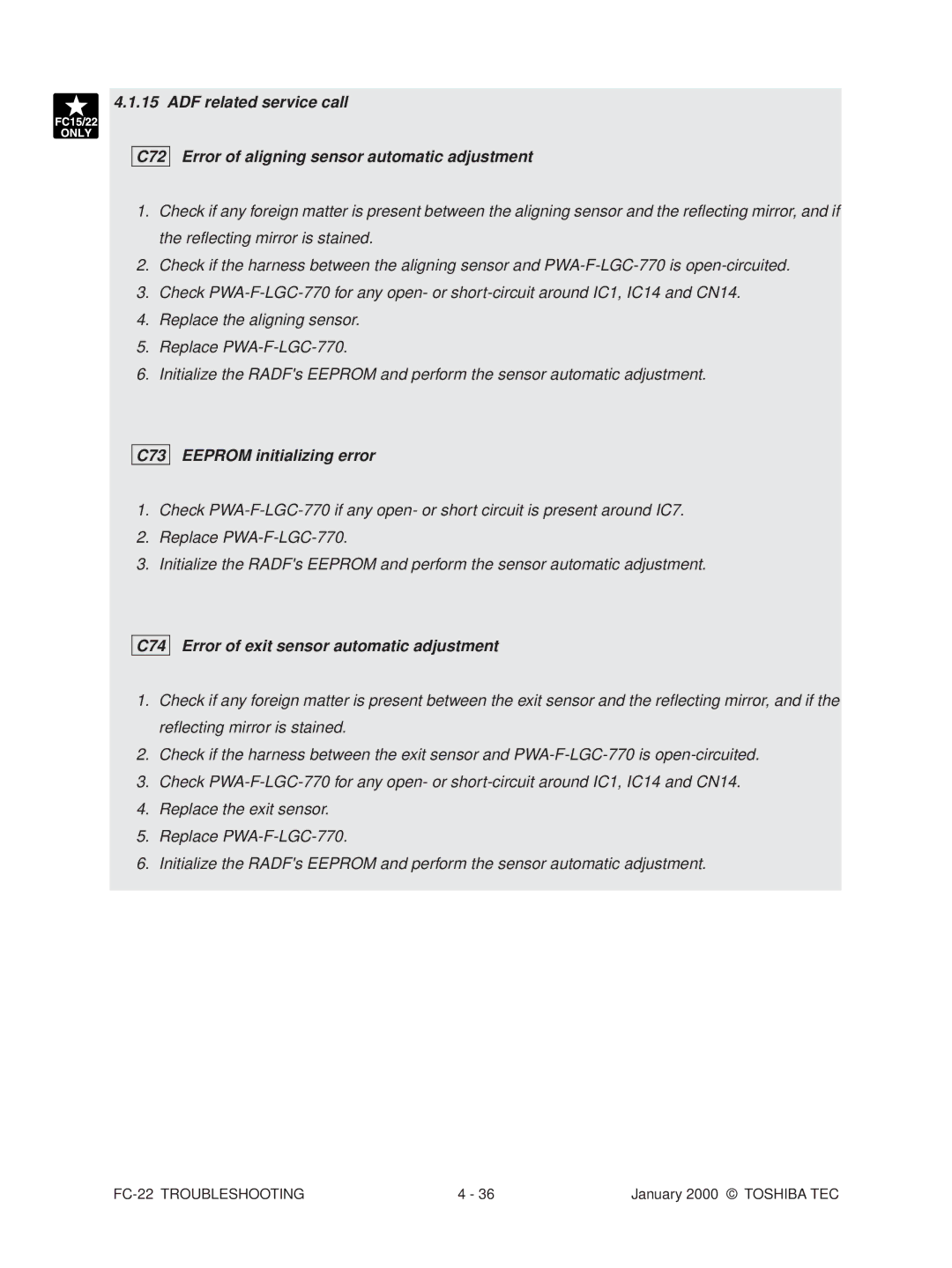 Toshiba FC-22 manual C73 Eeprom initializing error, C74 Error of exit sensor automatic adjustment 