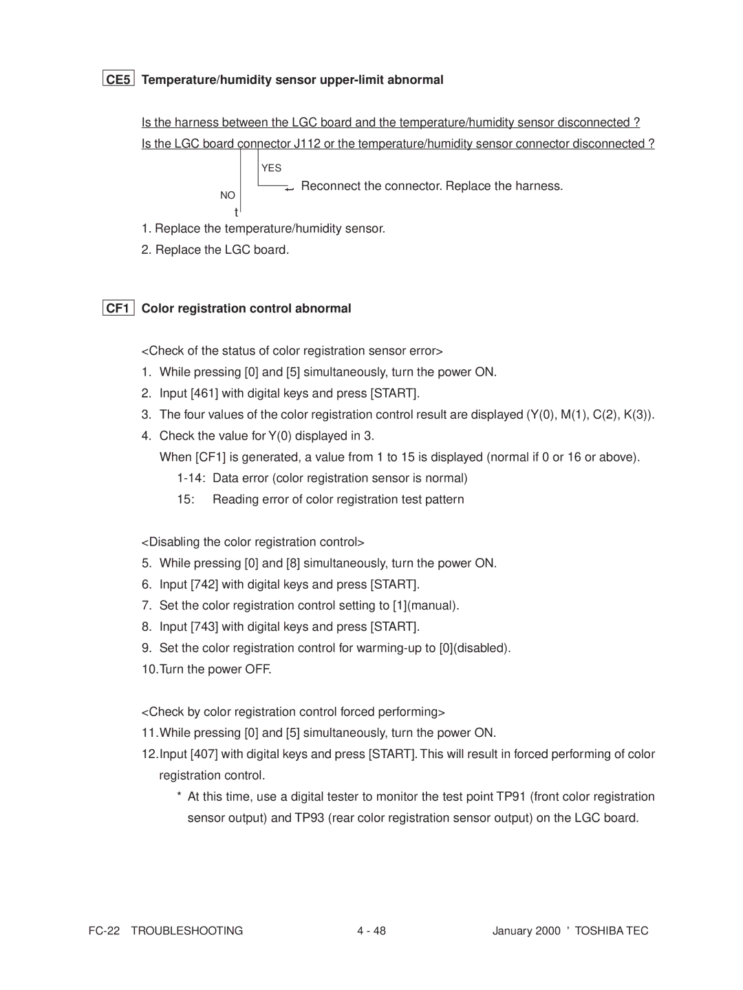 Toshiba FC-22 manual CE5 Temperature/humidity sensor upper-limit abnormal, CF1 Color registration control abnormal 